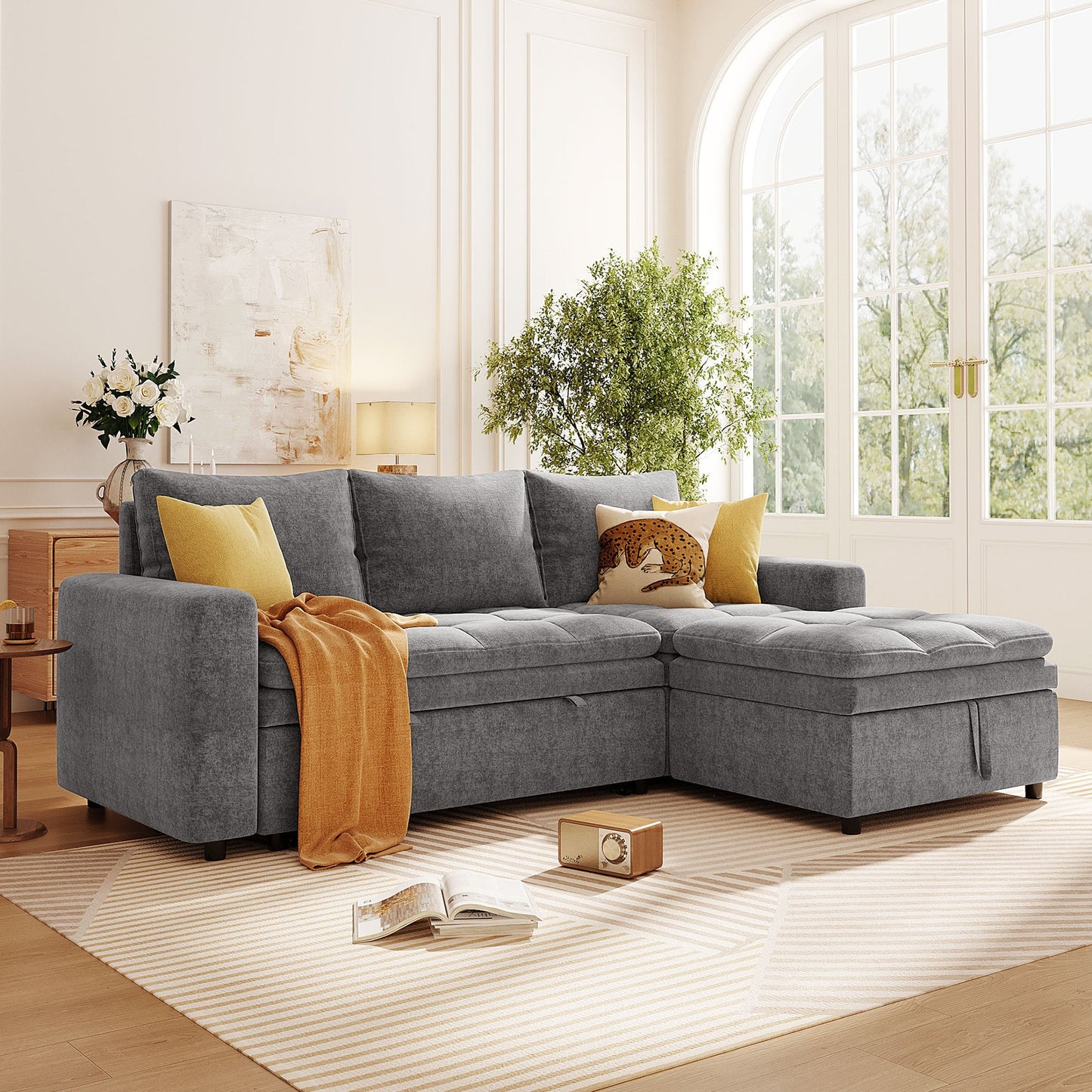 Soft Upholstered Sectional Sofa Bed With Storage Space, Suitable for Living Rooms and Apartments