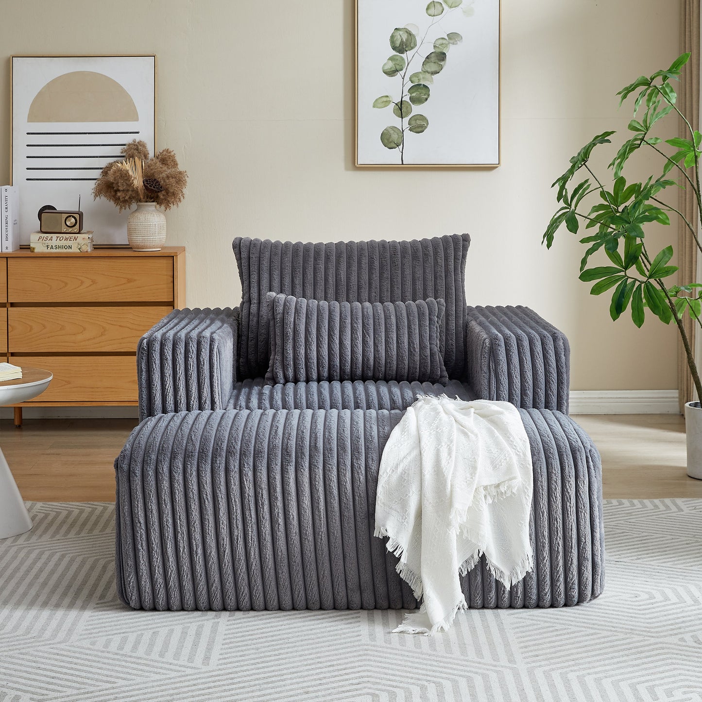 62.5-Inch Corduroy Sponge Sofa Lounge Chair With Removable Footrest,No Assembly Required,Fluffy Modern Sleeper Chair