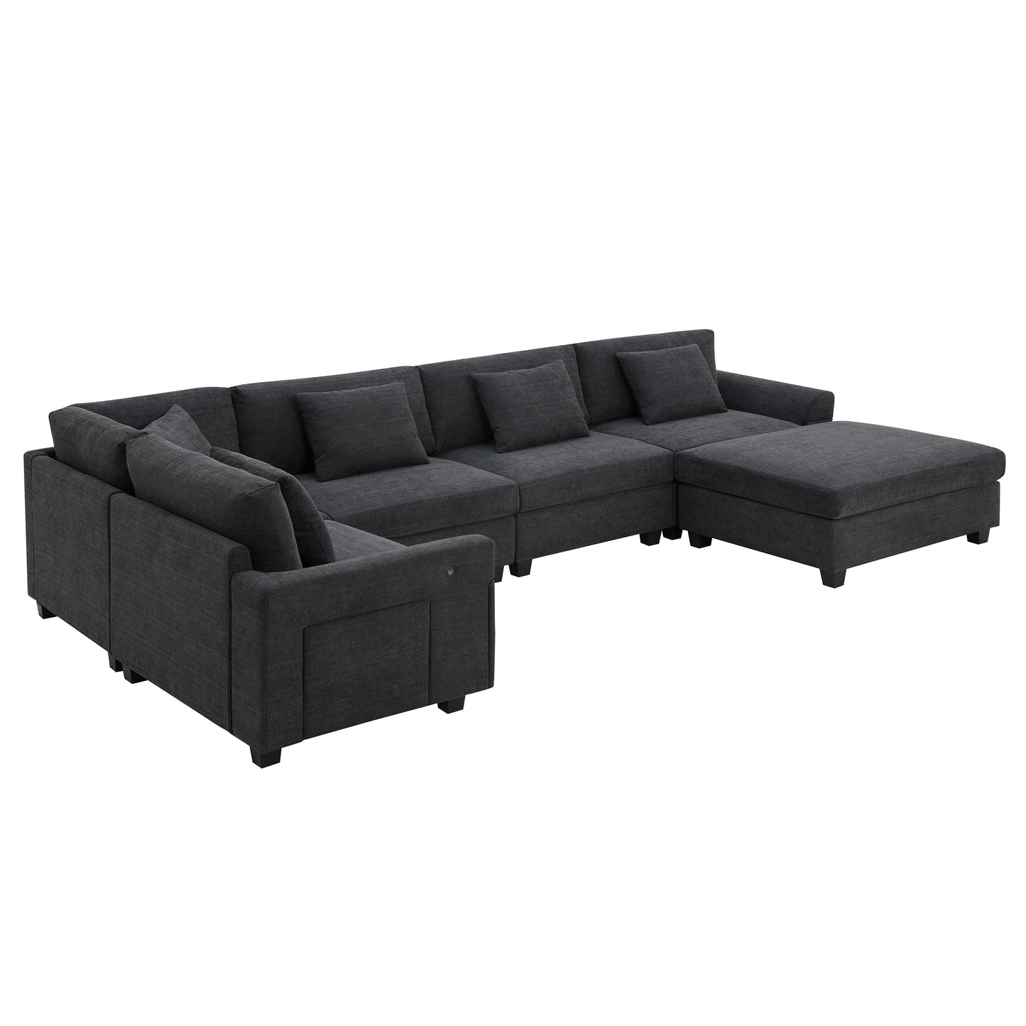 128*67" U Shaped Sectional Sofa,6 Seat Chenille Couch Set With Oversized Ottoman,Hidden Armrest Storage and Cup Holders