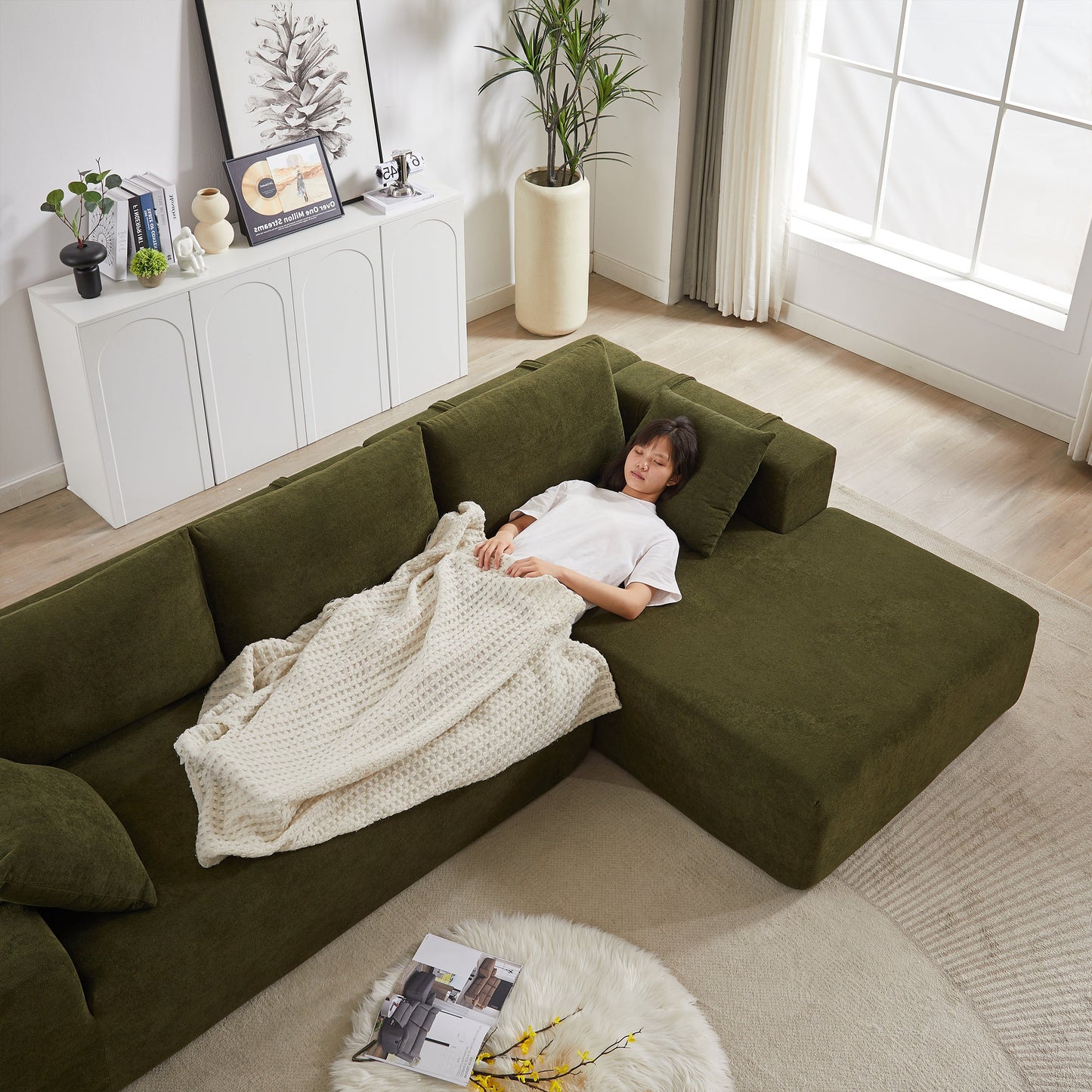 Modern Chenille Upholstered Sectional Sofa Couch Set,Modular 108" L Shaped Sectional Living Room Sofa Set With 6 Pillows