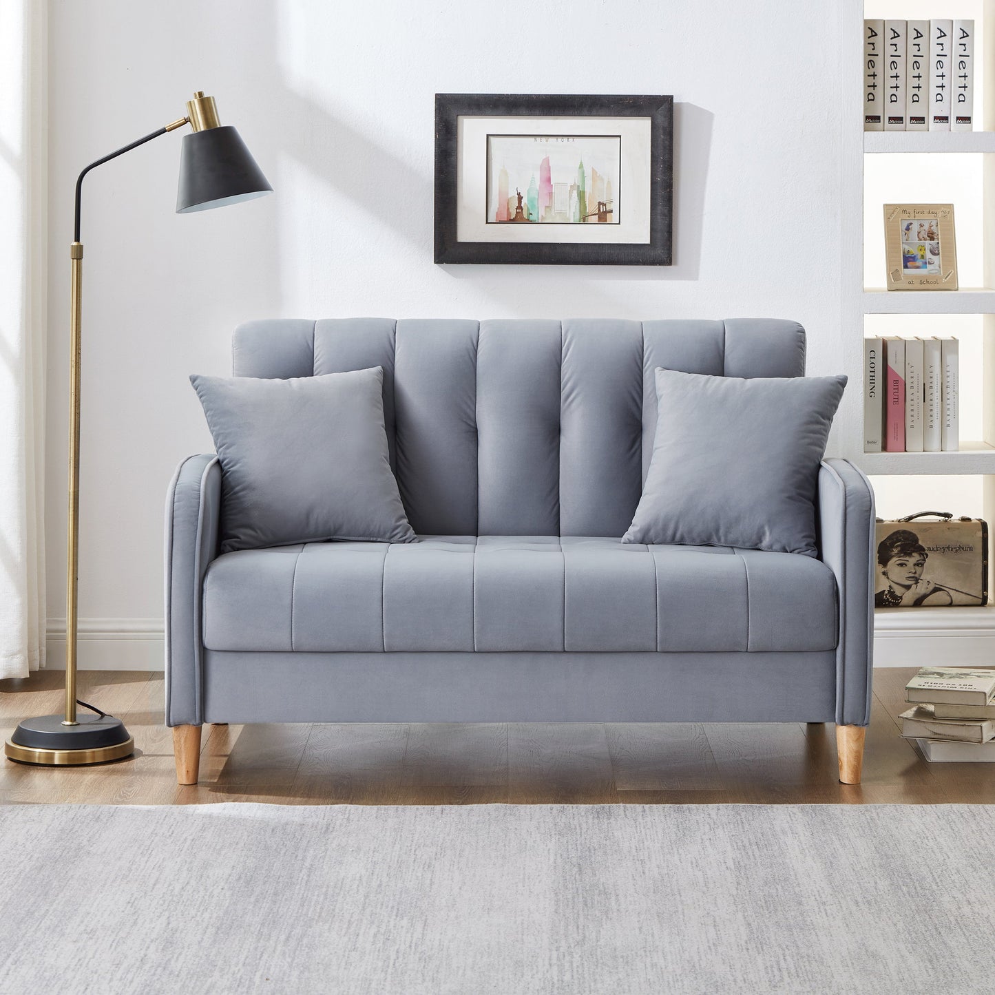 Modern Design Couch for Living Room Department Small Space Loveseat Smooth Velvet Upholstered Tufted Sofa Light Blue