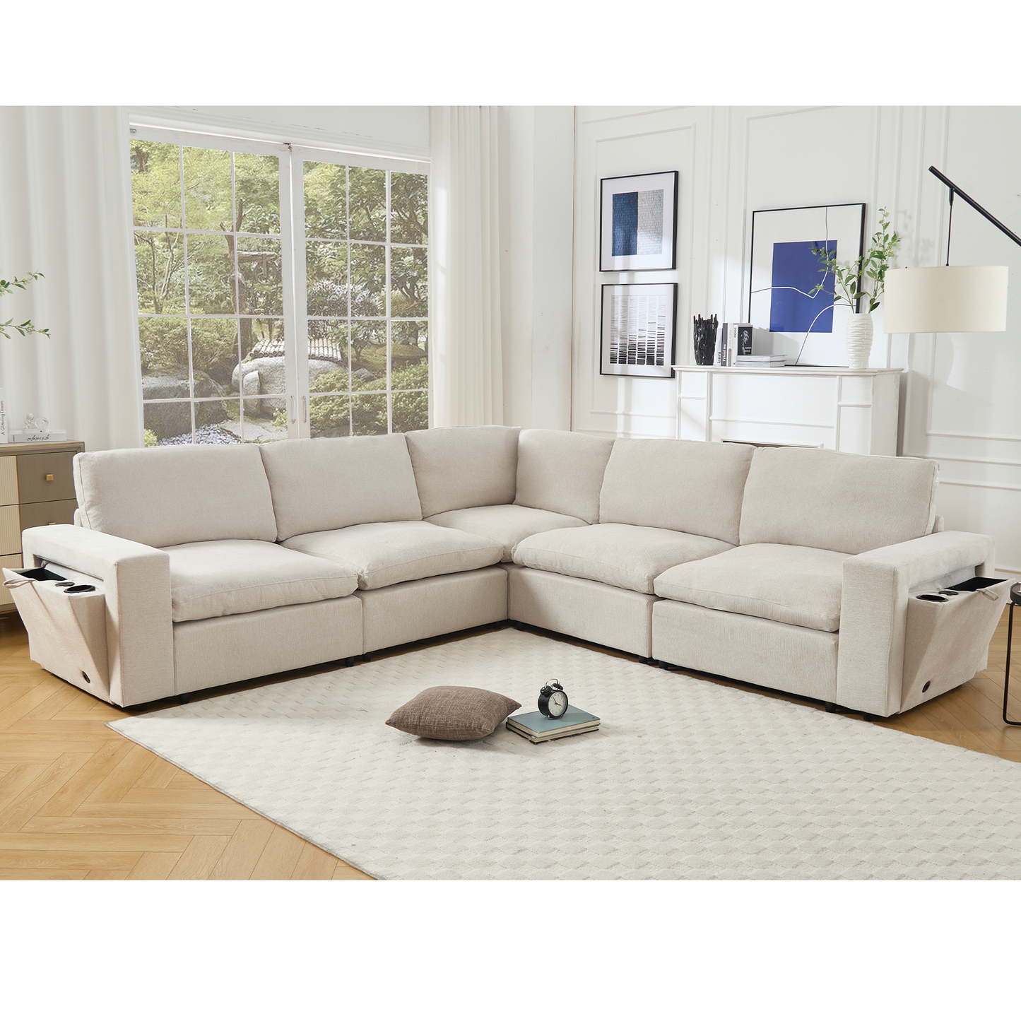 Sectional Couches for Living Room,Modular Couch,Wireless Charging Port & Cup Holders,5-Seat ,DIY Combination,L-Shaped Sofa