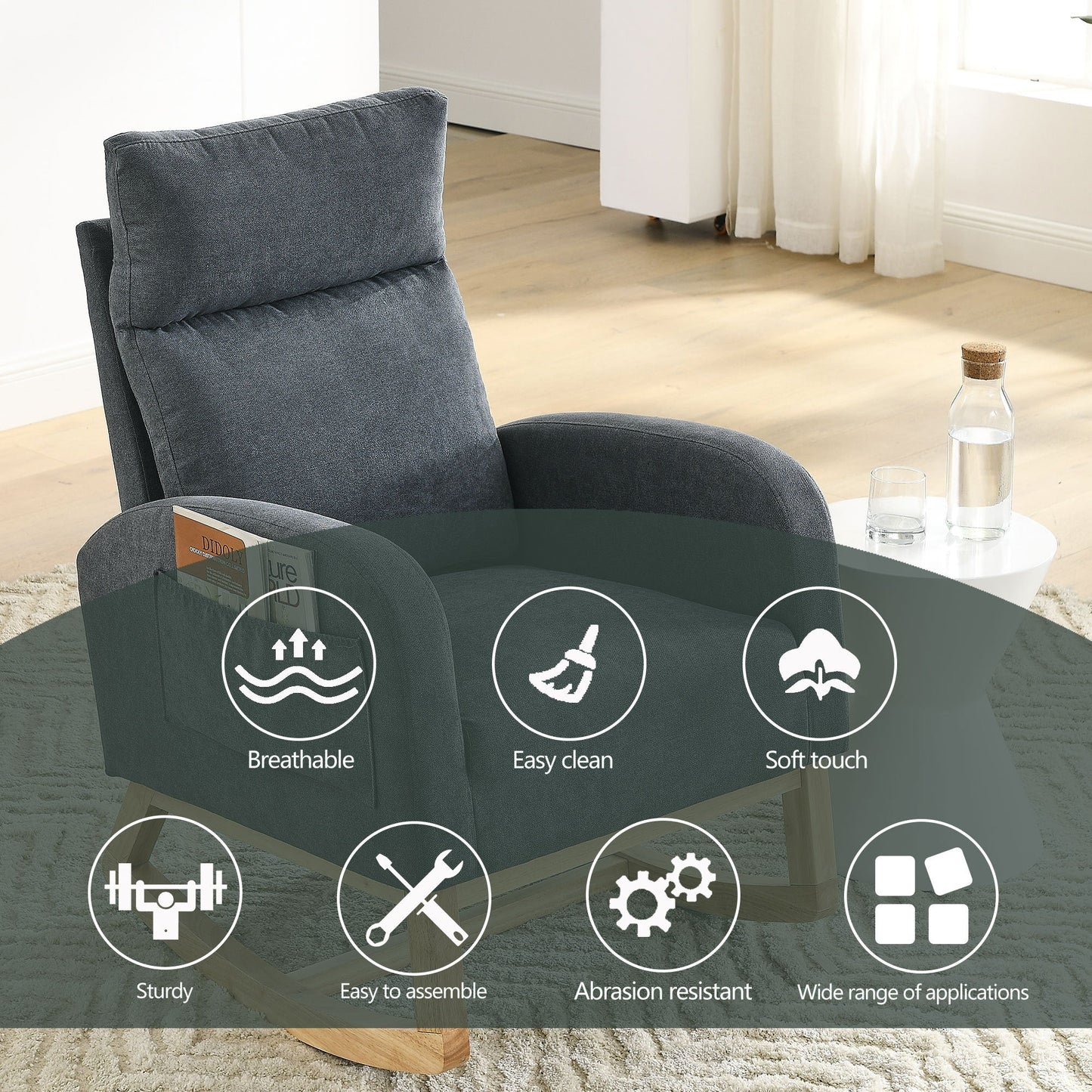 Modern Accent High Backrest Living Room Lounge Arm Rocking Chair, Two Side Pocket