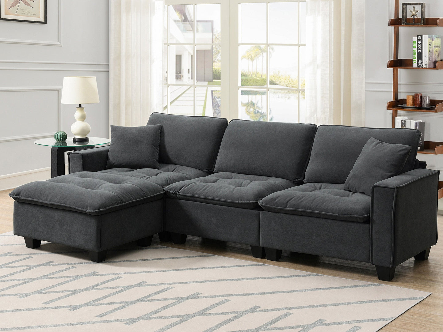 100*59" Modern Convertible Sectional Sofa,L-Shaped Reversible Couch Set With Free Pillows,4 Seat Suede Velvet Sleeper Sofa