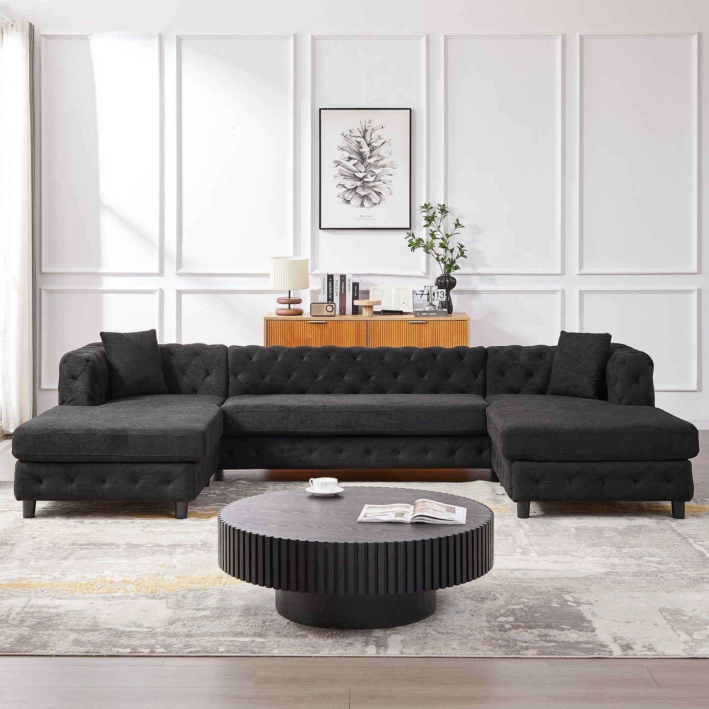 126-Inch Modern Style Chenille Three Piece Sofa, Pull Point Design U-Shaped Sofa Two Chaise Longue Seats, Two Pillows