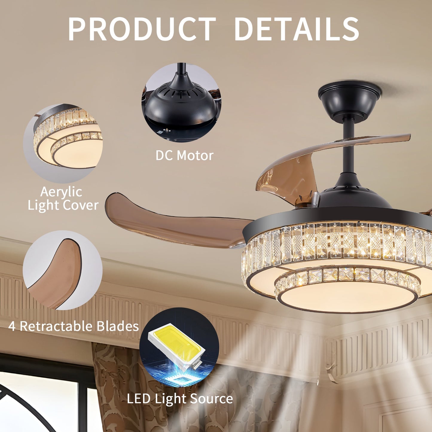 Contemporary LED Retractable Ceiling Fan With Light and Remote Control, Quiet Reversible Motor