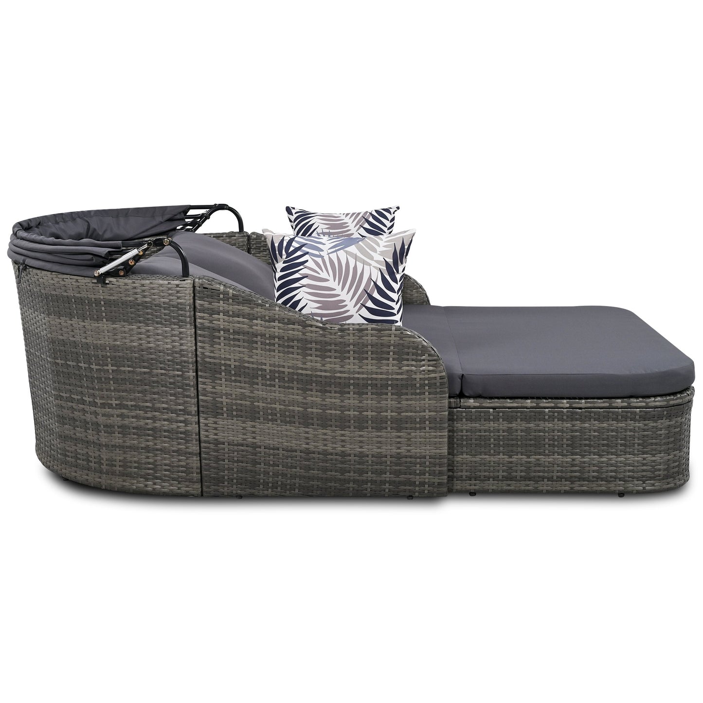 79.9" Outdoor Sunbed With Adjustable Canopy, Double Lounge, PE Rattan Daybed, Gray Wicker and Cushion