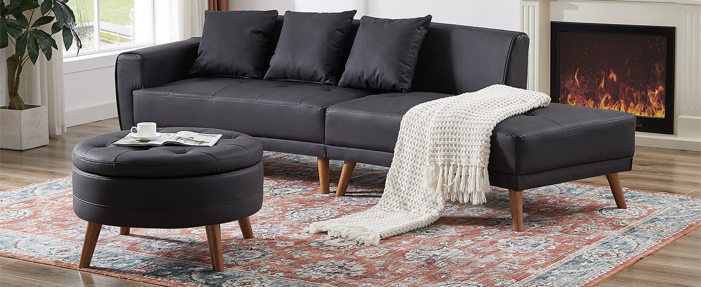 107" Contemporary Sofa Stylish Sofa Couch With a Round Storage Ottoman and Three Removable Pillows for Living Room, Black