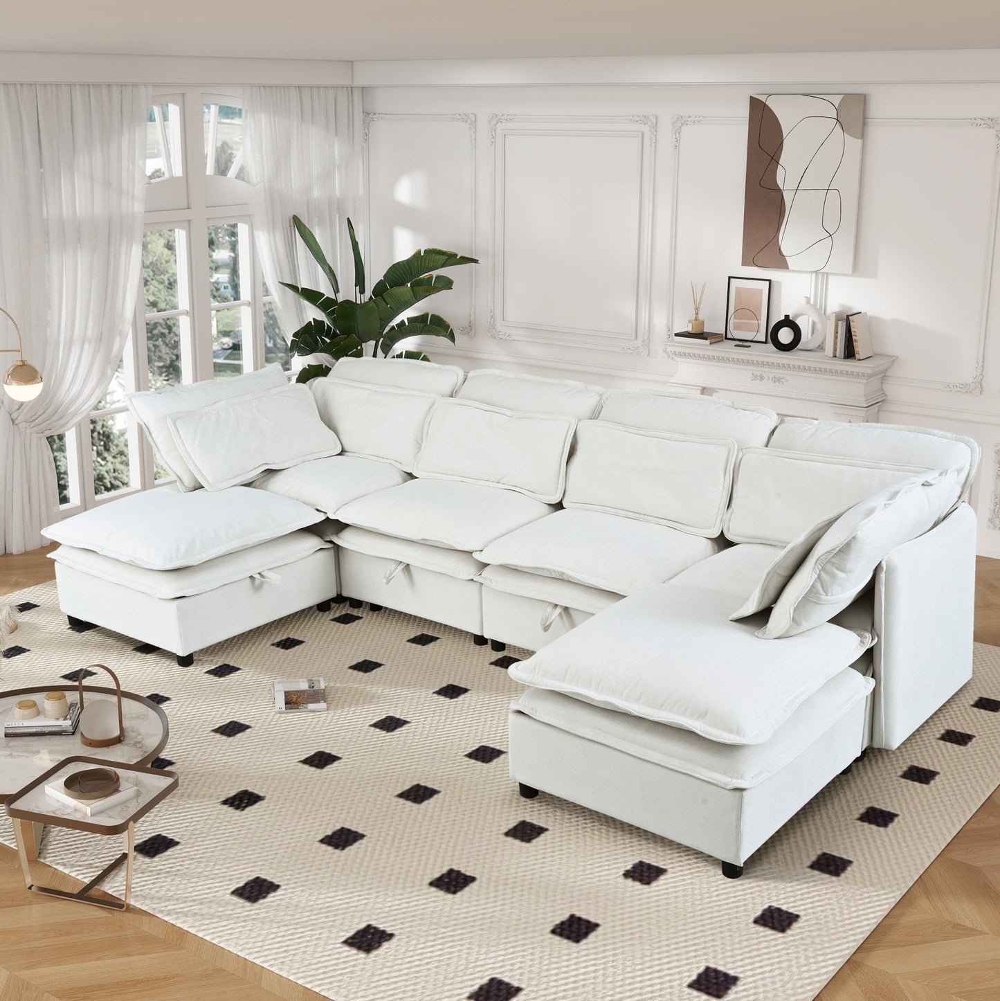 Double-Layer Cushion Modern Large U-Shaped Modular Sofa, Freely Combinable 6-Seater With Storage Function, Convertible