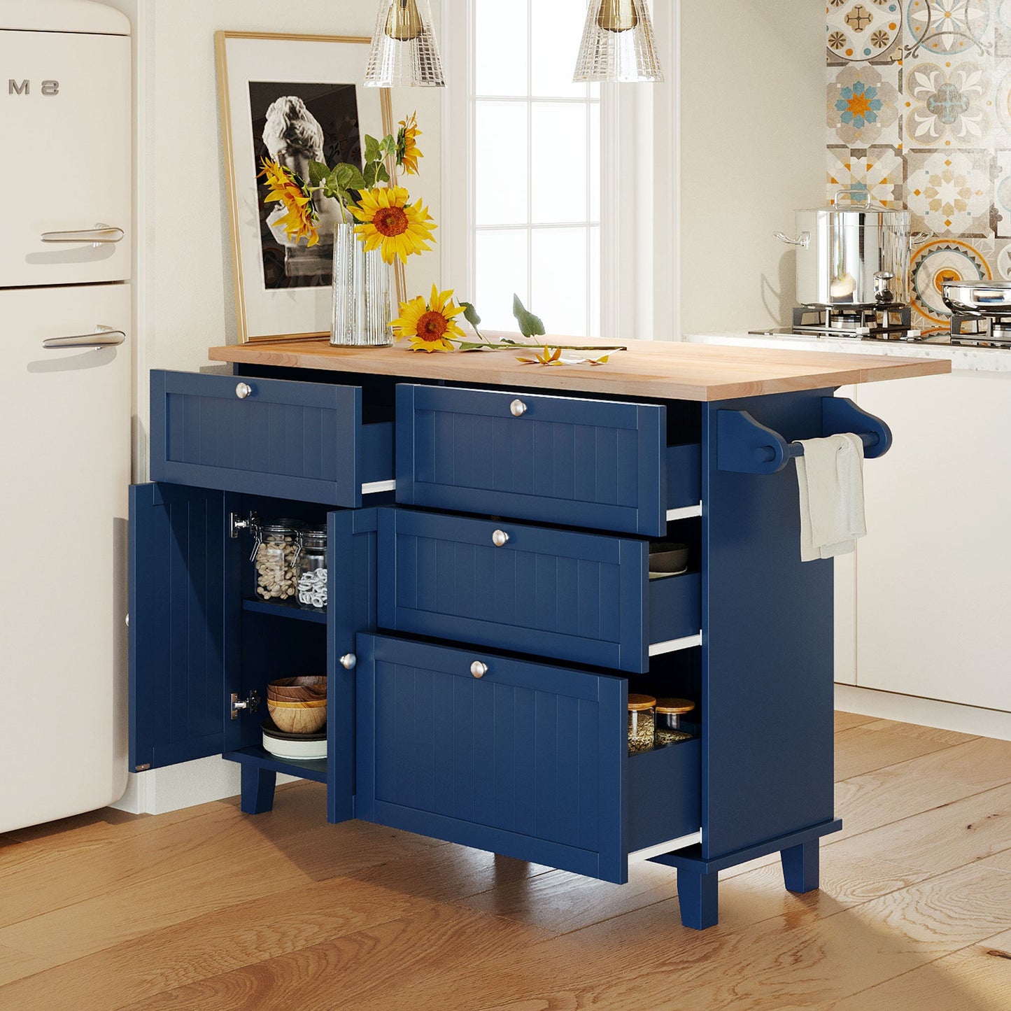 Farmhouse Kitchen Island Set With Drop Leaf and 2 Seatings,Dining Table Set With Storage Cabinet, Drawers and Towel Rack
