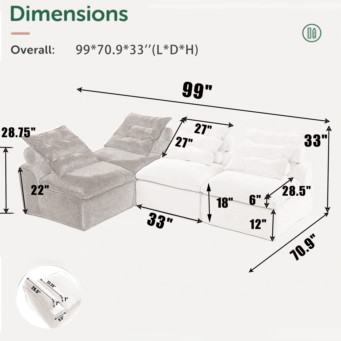 Modular Sofa,No Armrests,At Will DIY,Corduroy ,Neck Pillow-Back Lounge Sofa Chair,Reading Nook, or Apartment Living