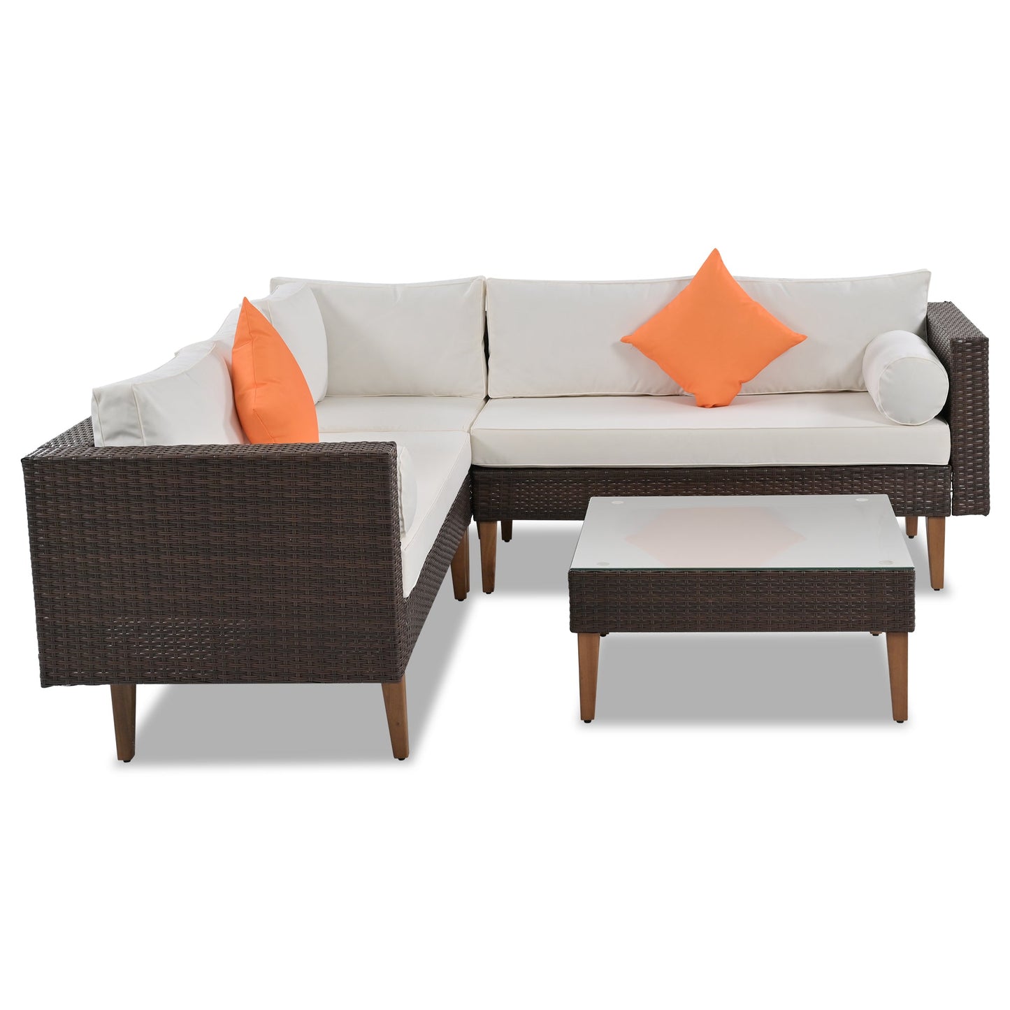 4-Pieces Outdoor Wicker Sofa Set, Patio Furniture With Colorful Pillows, L-Shape Sofa Set