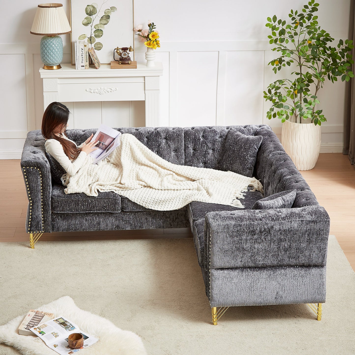 81.5-Inch Chenille Corner Sofa , L-Shaped Sectional Couch, 5-Seater Corner Sofas With 3 Cushions for Living Room, Bedroom