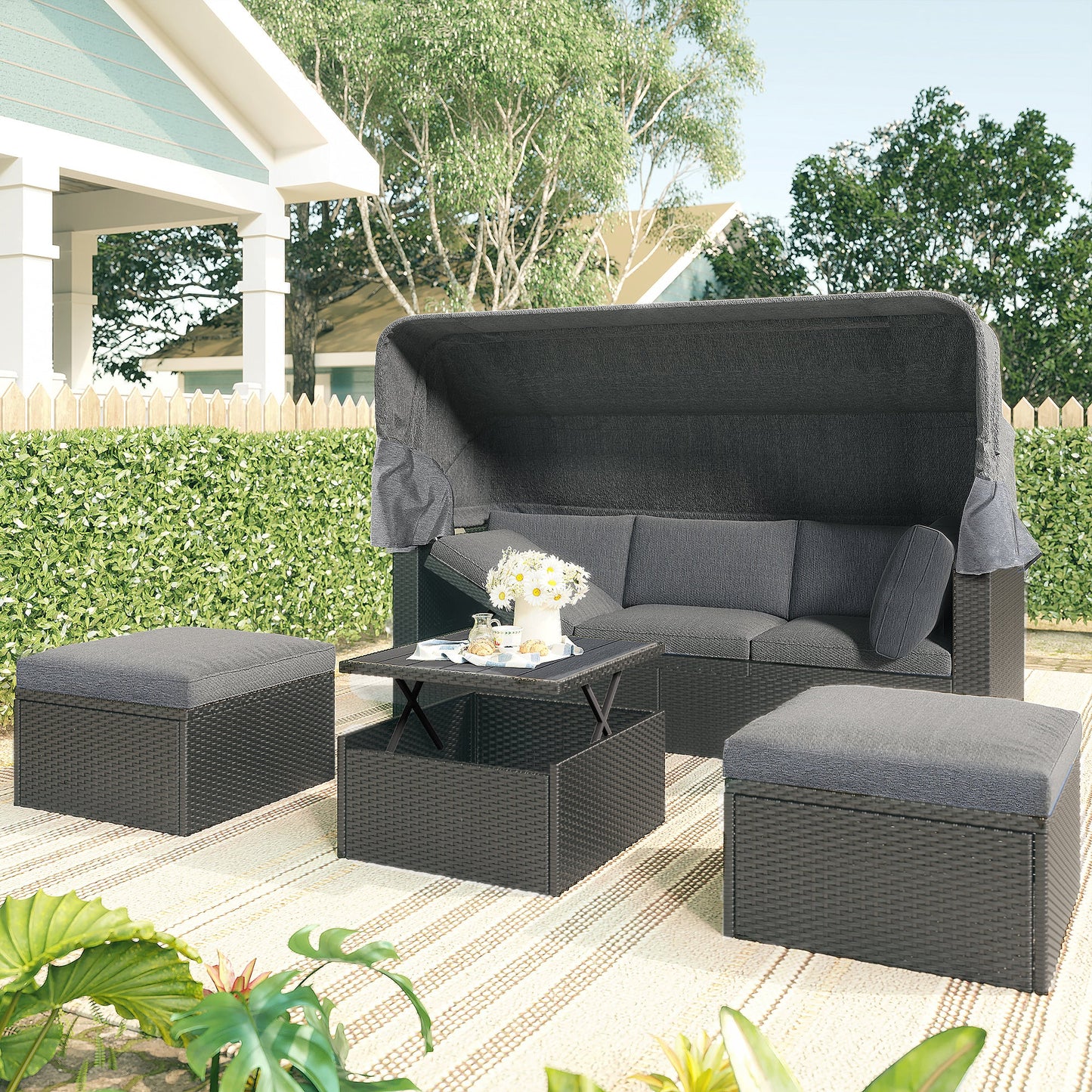 Outdoor Patio Rectangle Daybed With Retractable Canopy, Wicker Furniture Sectional Seating With Washable Cushions