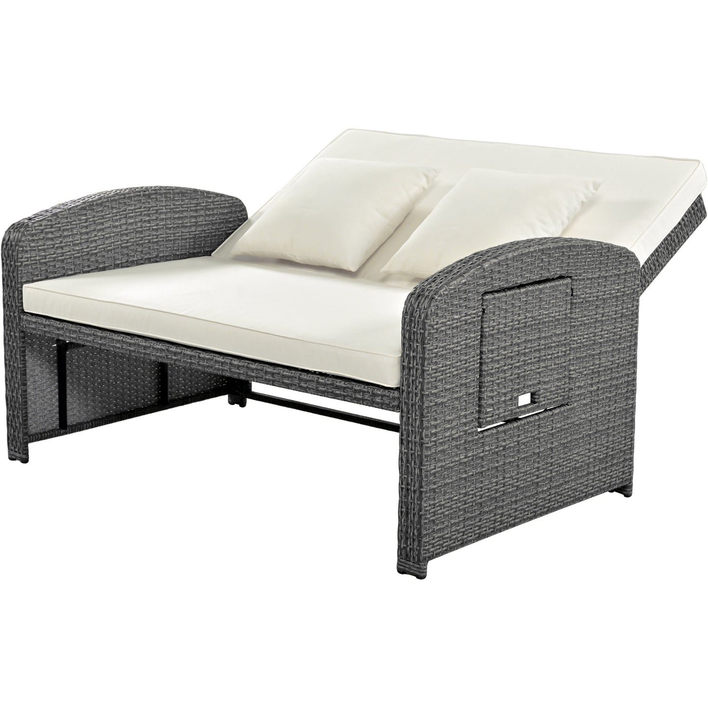 PE Wicker Rattan Double Chaise Lounge, 2-Person Reclining Daybed With Adjustable Back and Cushions