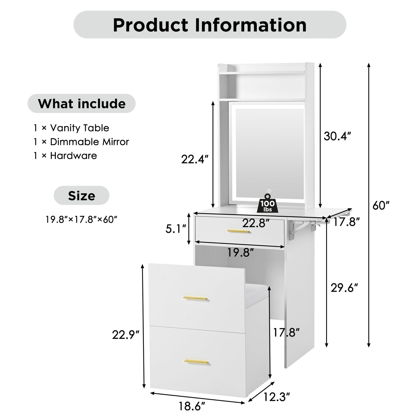 Small Vanity Desk With Mirror and Light, Dressing Table With Charging Station & Fold-Up Panel for Small Space, Compact