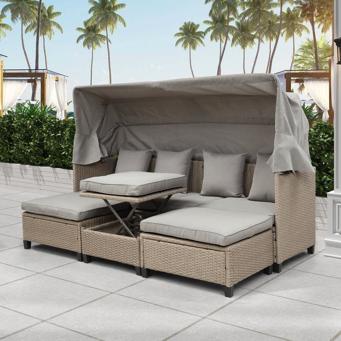 4 Piece UV-Proof Resin Wicker Patio Sofa Set With Retractable Canopy, Cushions and Lifting Table,Brown