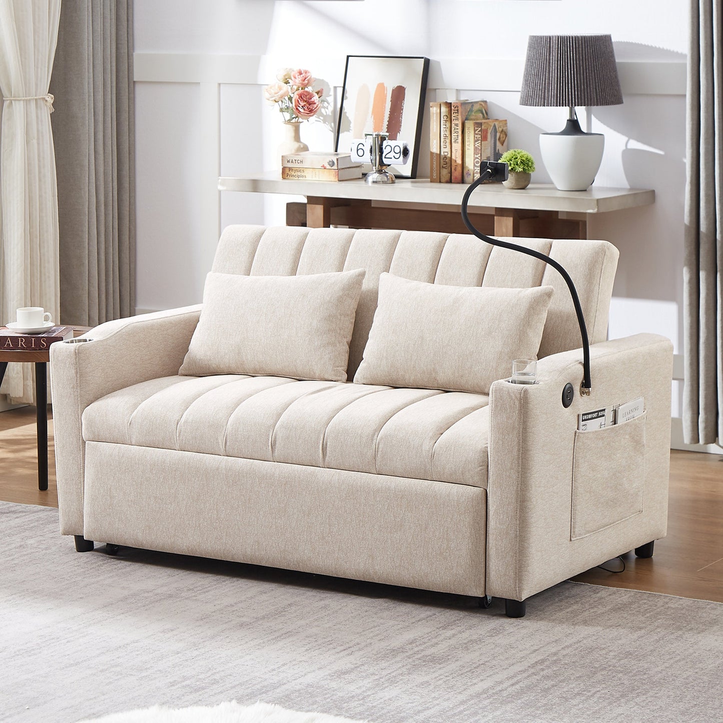 55.9" Convertible Sofa Bed Loveseat Sofa With Three USB Ports, Two Side Pockets, Two Cup Holders