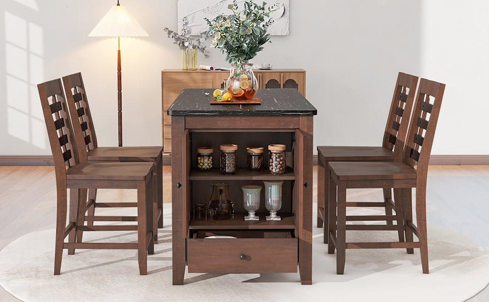 Counter Height 5-Piece Dining Table Set With Faux Marble Tabletop, Solid Wood Table Set With Storage Cabinet and Drawer