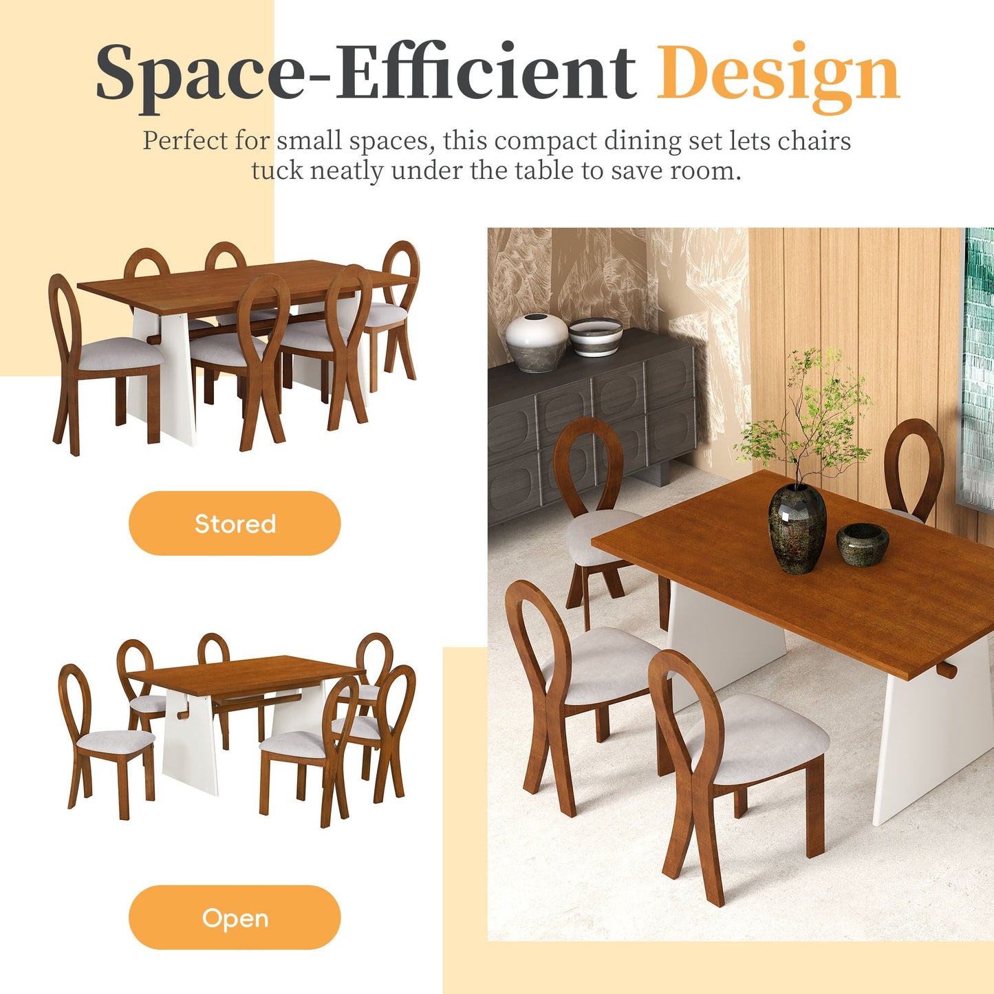 Modern 7-Piece Dining Table Set With Trestle Dining Table and 6 Upholstered Dining Chairs, Compact Kitchen Table