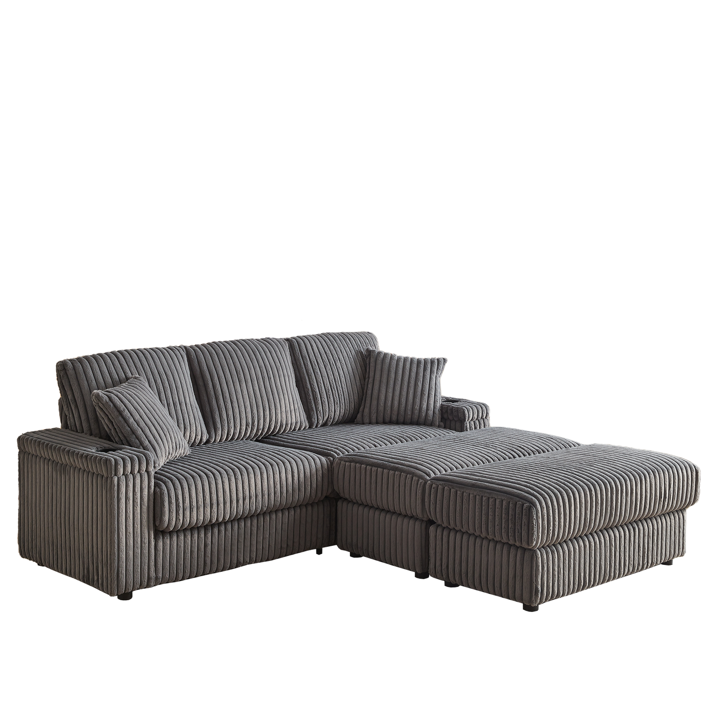 84Inch Corduroy 3-Seater Sofa With 3 Back Pillows ,2 Toss Pillows , a Ottoman ,2storage Spaces and Cup-Holding Grooves