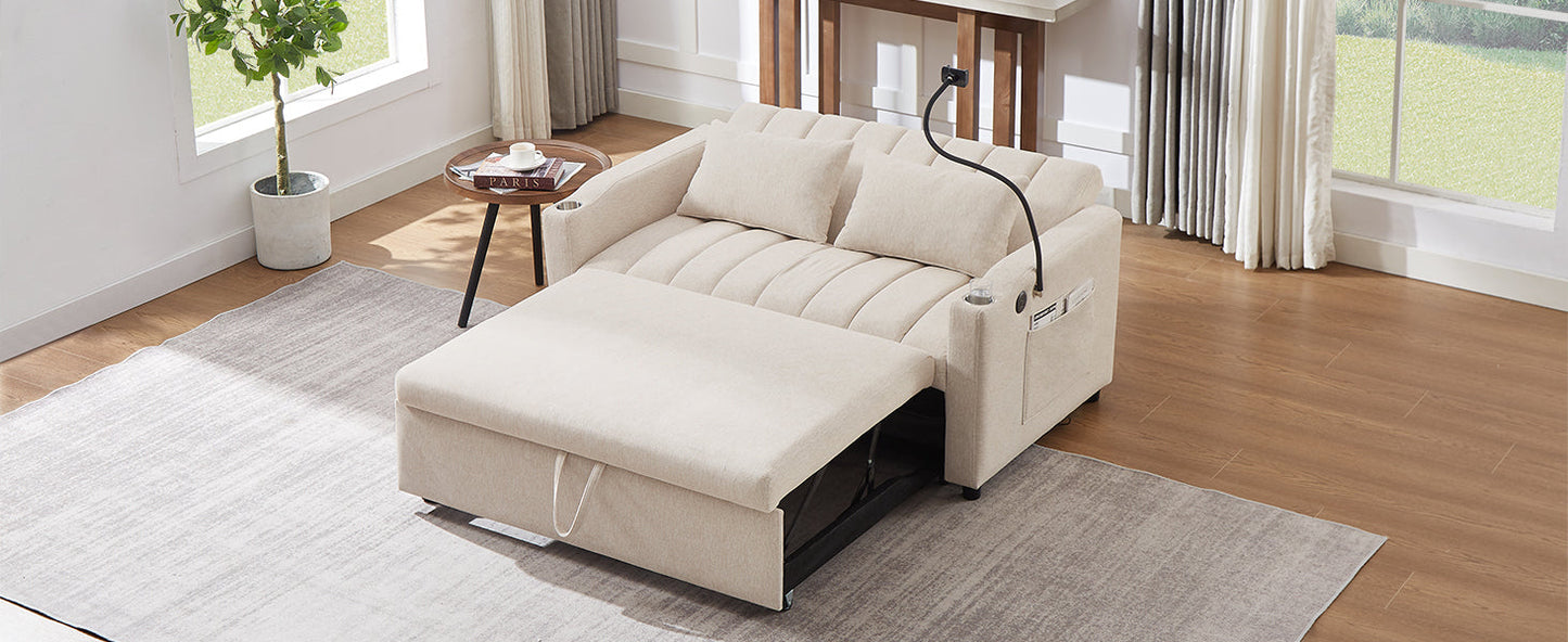 55.9" Convertible Sofa Bed Loveseat Sofa With Three USB Ports, Two Side Pockets, Two Cup Holders