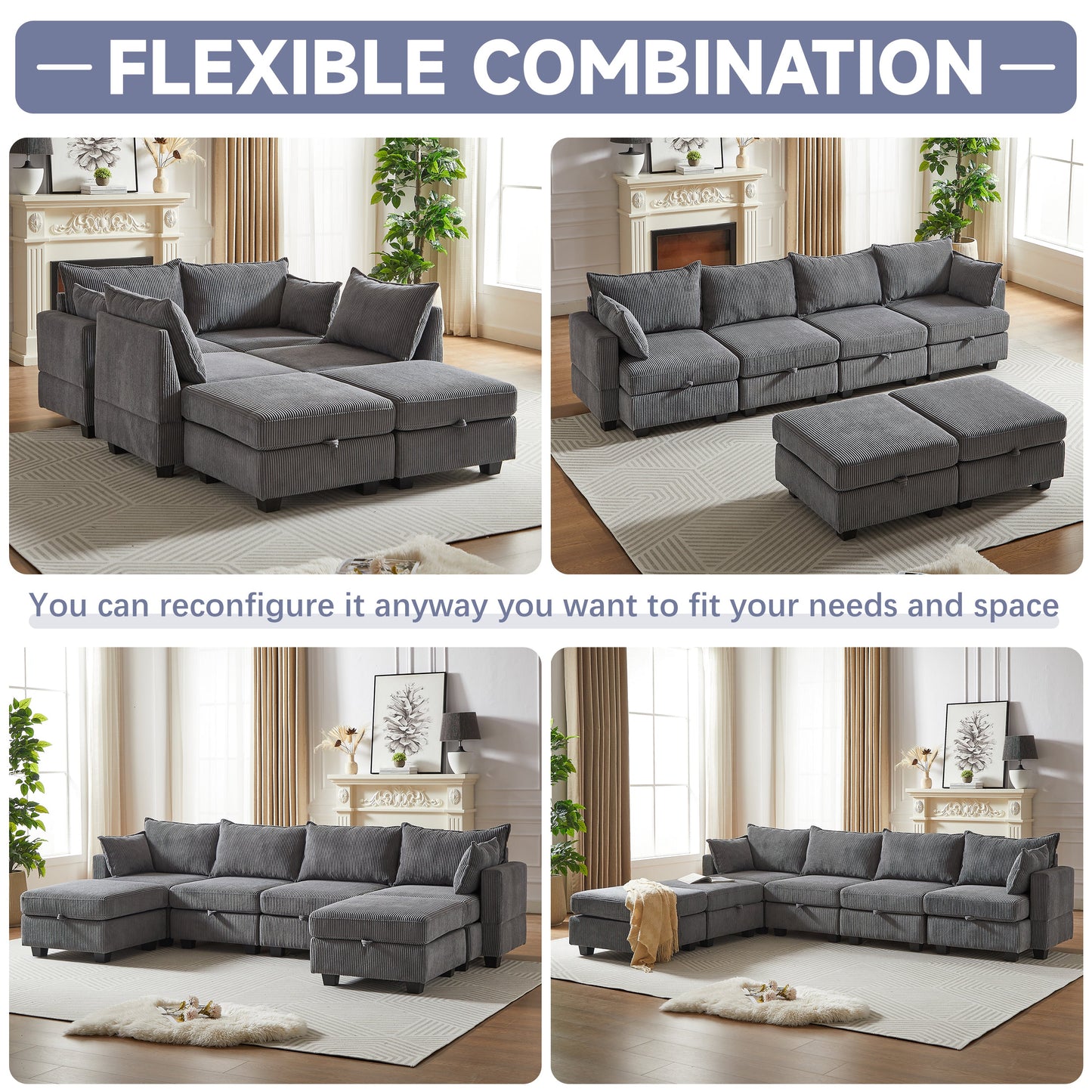 113.5'' Modular Sectiona Corduroy Sofa, Sectional Couches for Living Room U Shaped Sectional Couch With Storage Ottoman