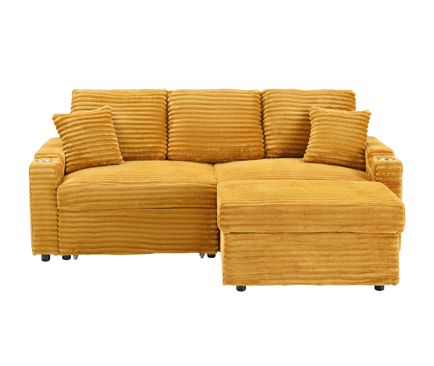 An 80-Inch Foldable and Hidden Chaise Longue Orange Corduroy Sofa With Cup Holders on the Armrests, a Footrest and Storage