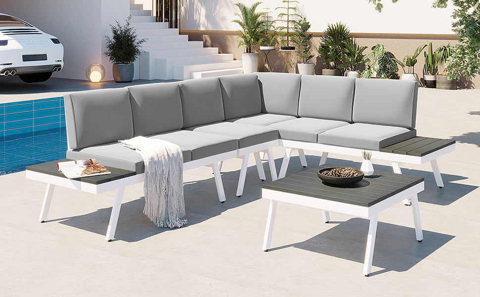 Industrial 5-Piece Aluminum Outdoor Patio Furniture Set, Modern Garden Sectional Sofa Set With End Tables, Coffee Table
