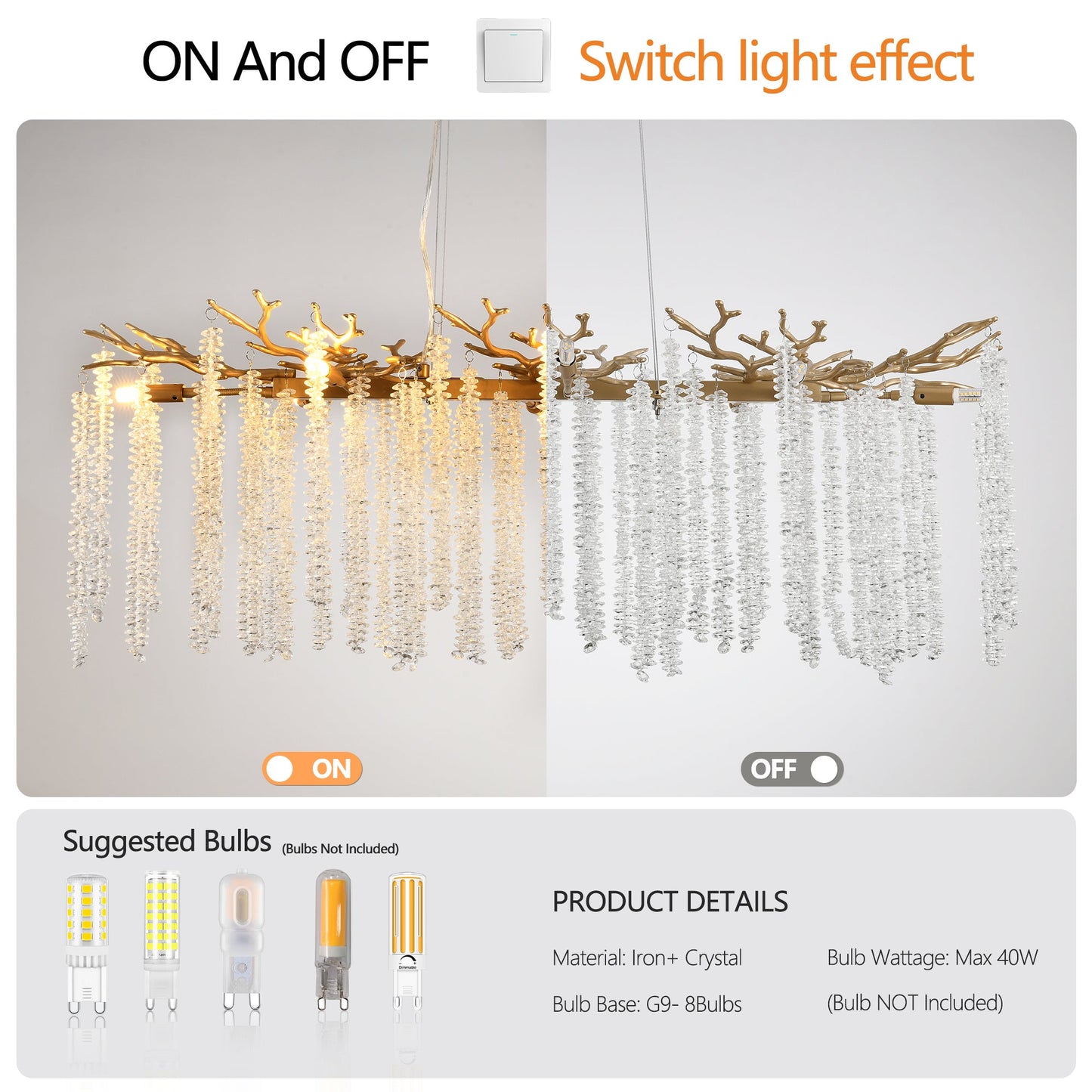 39.4-Inch Modern Golden Pendant Light With Cascading Crystal Strands, Ideal for Living Room, Dining Room and Foyer