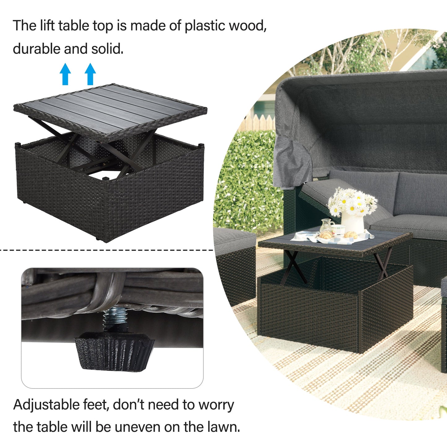 Outdoor Patio Rectangle Daybed With Retractable Canopy, Wicker Furniture Sectional Seating With Washable Cushions