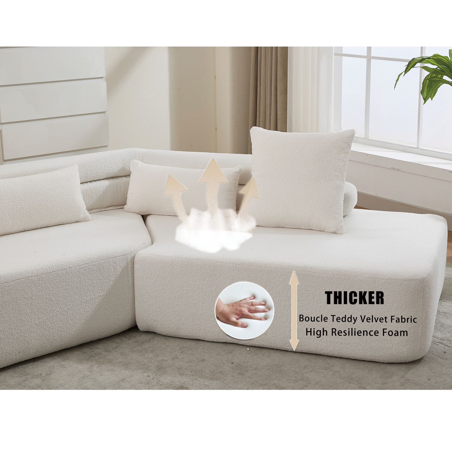 128"Minimalist Cloud Sectional Couch ,Modern Couches ,4-Seater ,No Assembly,Two Modular Sofa,Boucle Teddy Fabric, Upholstered