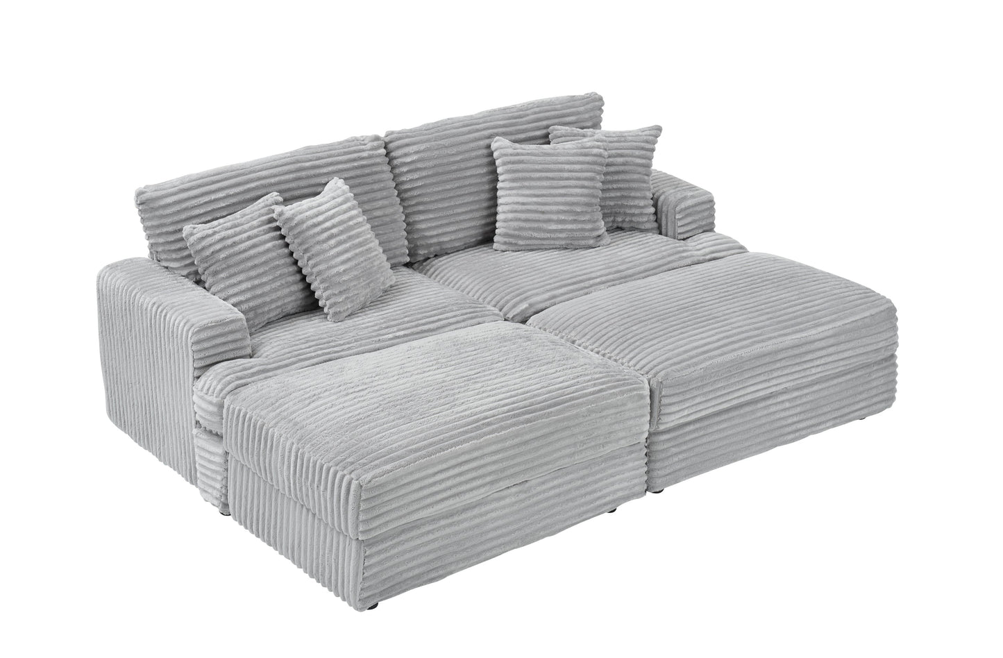 82 Inches Gray Corduroy Sofa, Two Storage Feet +4 Throw Pillows, Create a Living Room, Office Fashion New Darling