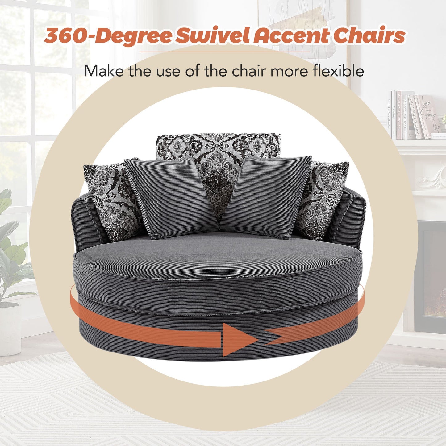 Swivel Accent Barrel Chair With 5 Movable Pillow 360 Degree Swivel Round Sofa Chair for Living Room,Bedroom, Hotel