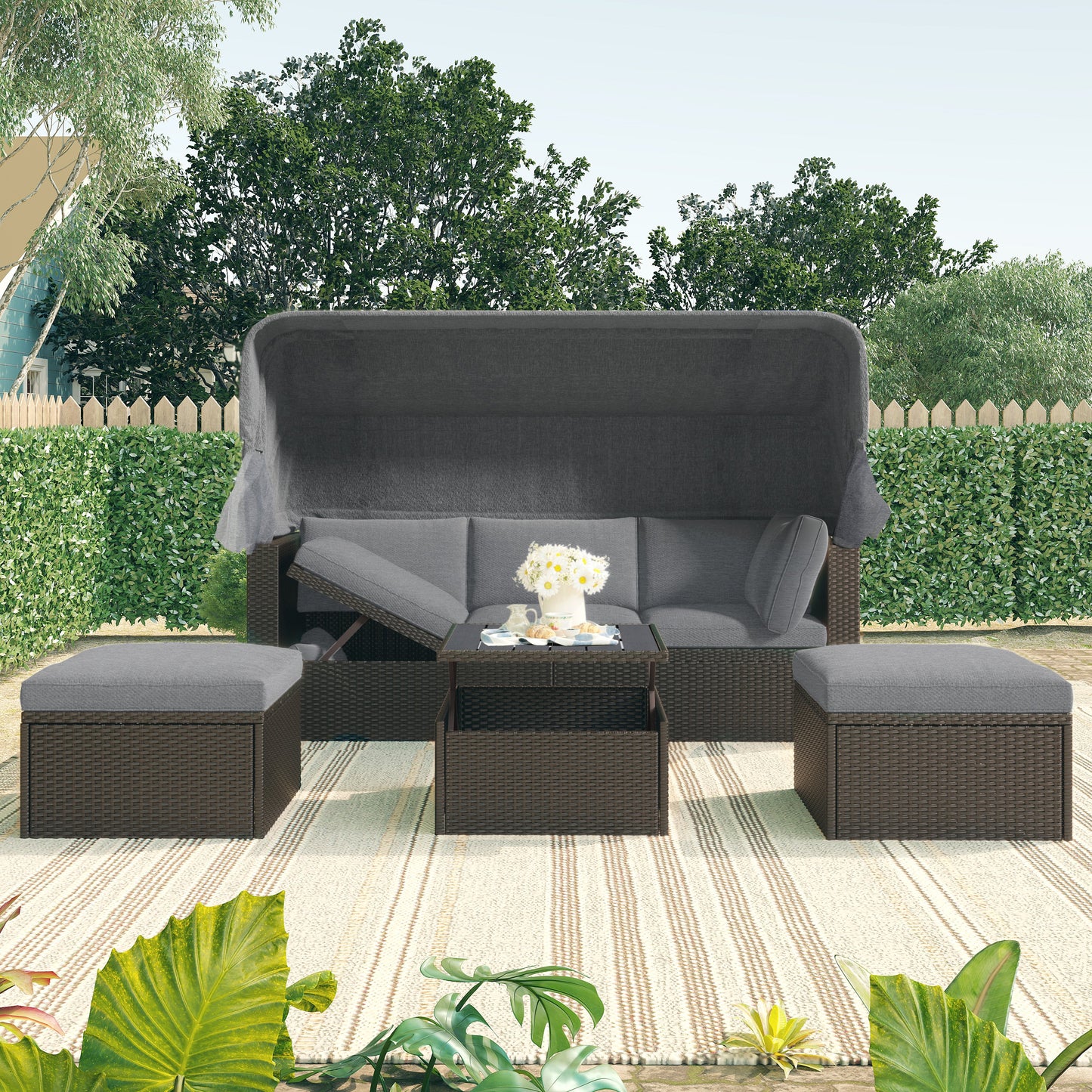 Outdoor Patio Rectangle Daybed With Retractable Canopy, Wicker Furniture Sectional Seating With Washable Cushions