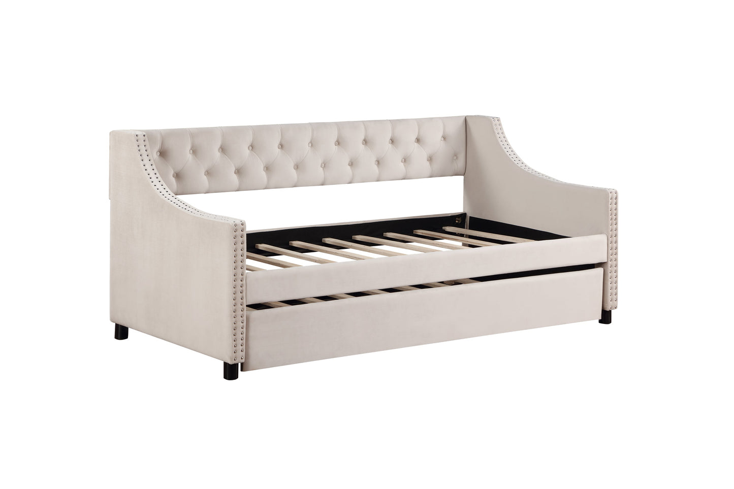 Daybed With Trundle Upholstered Tufted Sofa Bed, With Button and Copper Nail on Arms Full Size Beige