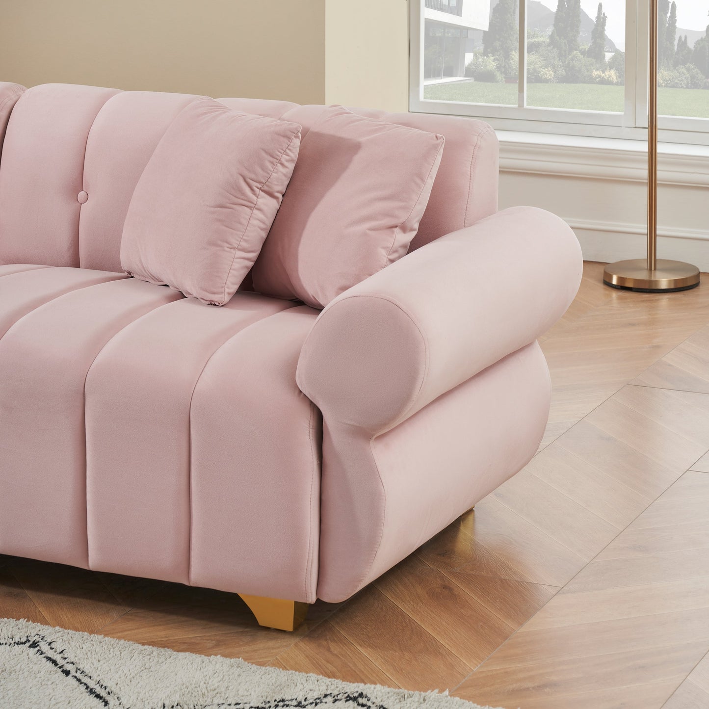 89-Inch Spring-Wrapped Cushions, 3 Flannelette Sofas, Stylish Metal Feet and 4 Throw Pillows Make for a Modern Living Room
