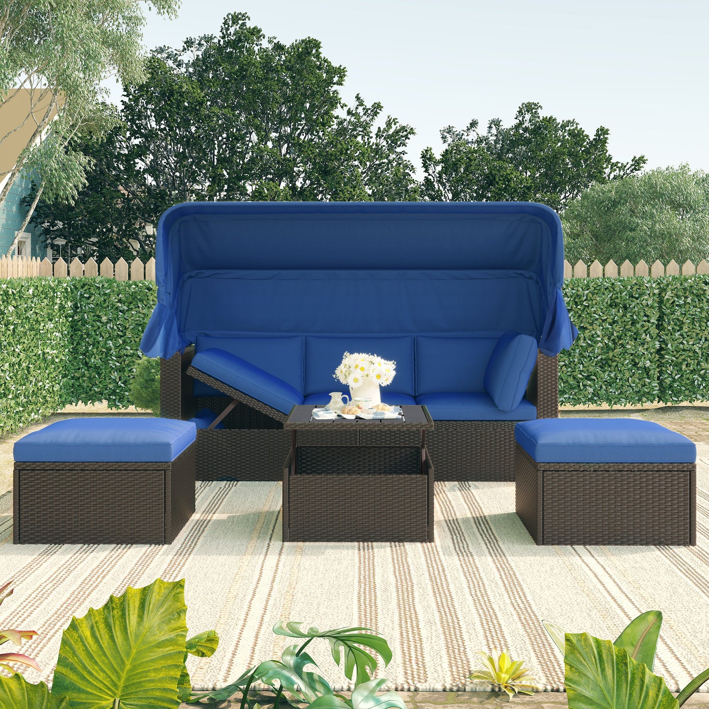 Outdoor Patio Rectangle Daybed With Retractable Canopy, Wicker Furniture Sectional Seating With Washable Cushions