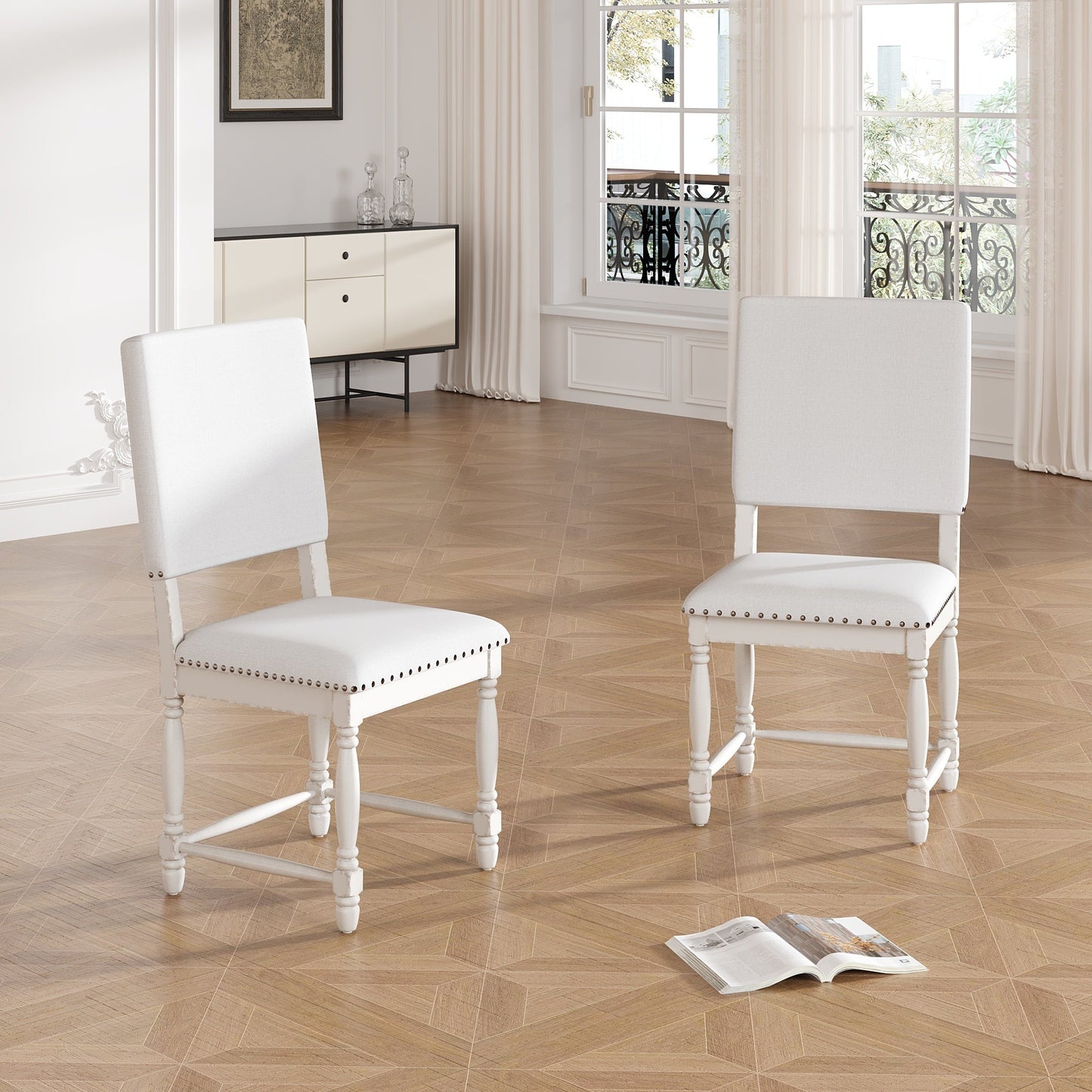 Vintage Traditional 2-Piece Upholstered Dining Chairs With Padded Backs, Cream