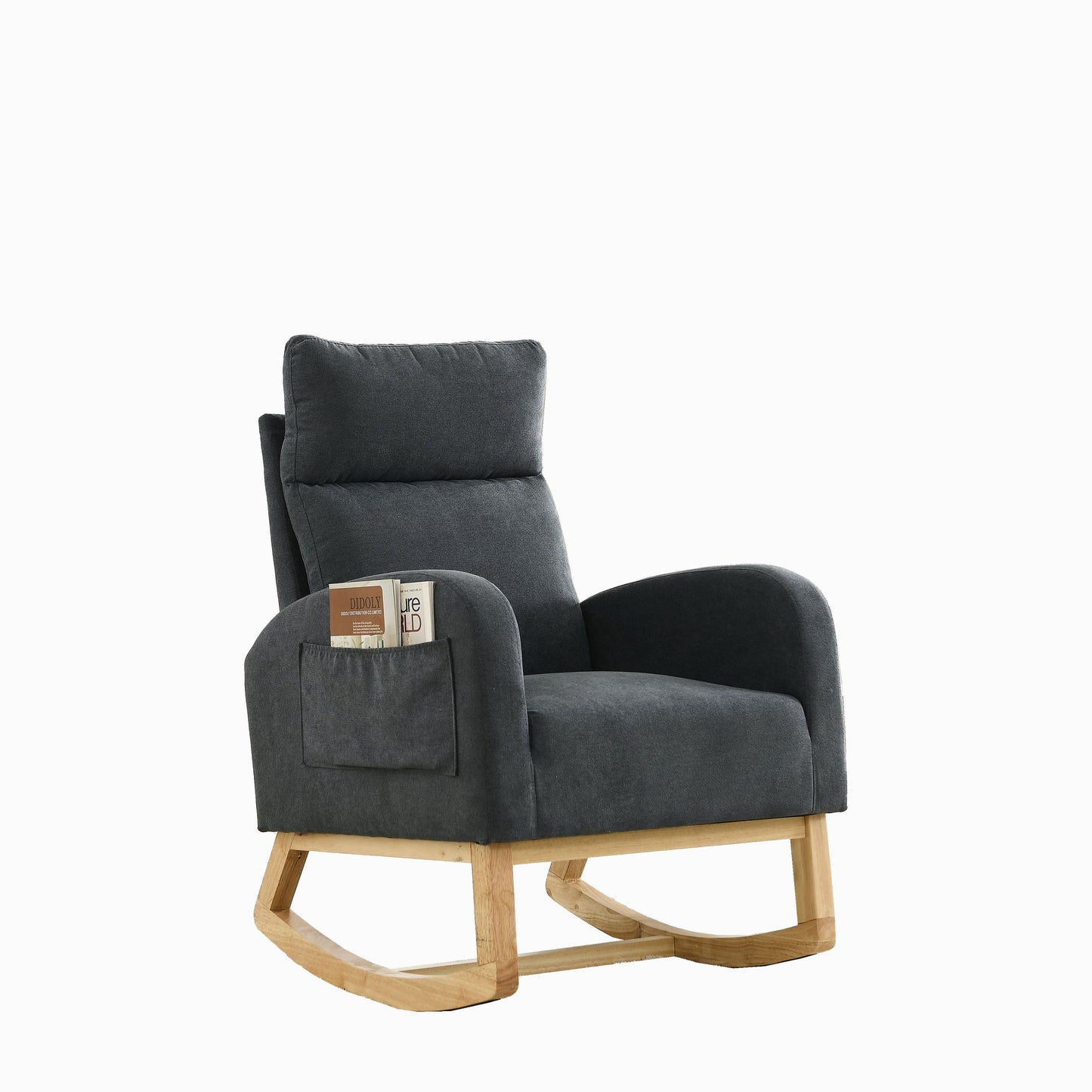 Modern Accent High Backrest Living Room Lounge Arm Rocking Chair, Two Side Pocket