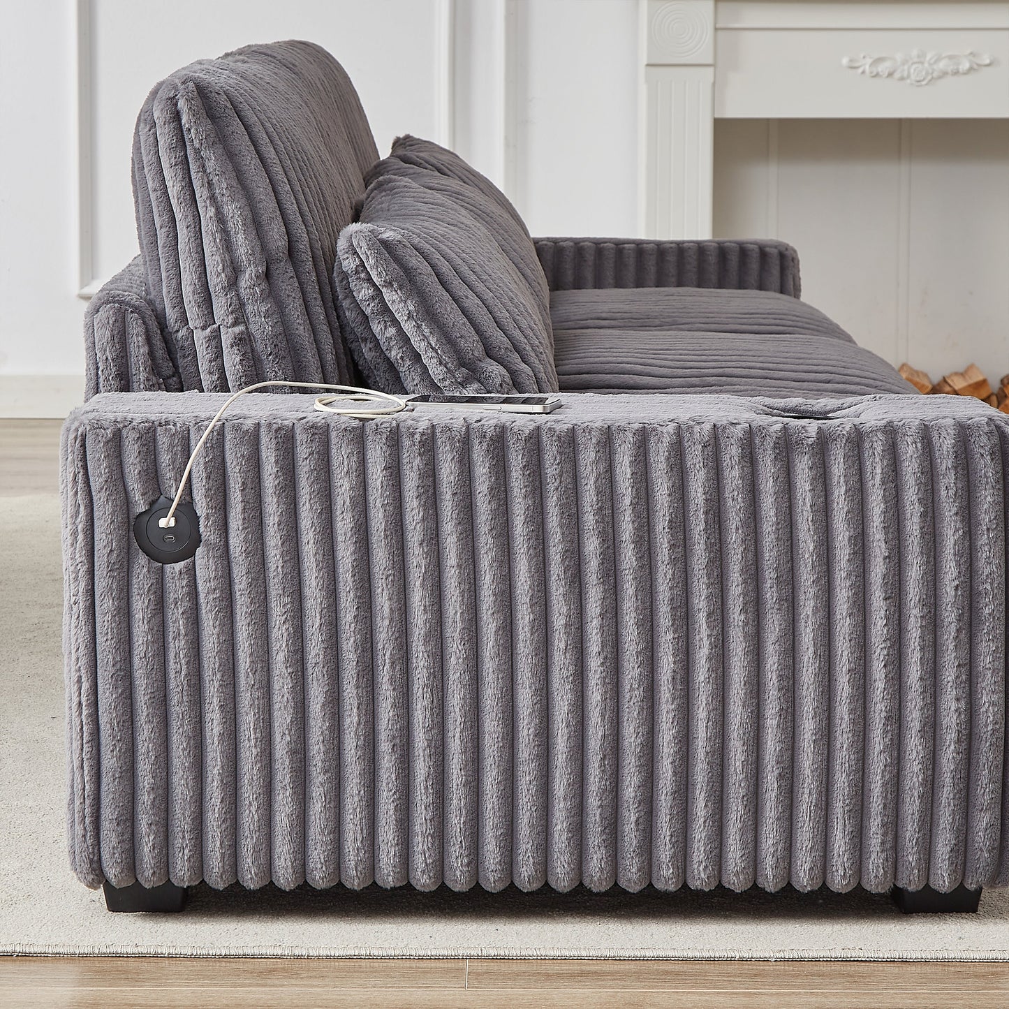 126-Inch Corduroy With Cup Holder Super Large L-Shaped Sofa, Movable Footrest, Four Waist Pillows and Four Back Cushion