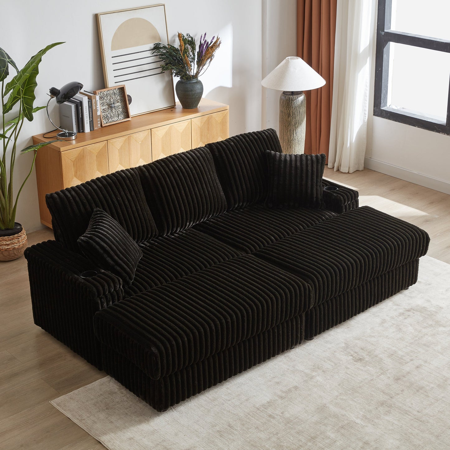 84Inch Corduroy 3-Seater Sofa With 3 Back Pillows ,2 Toss Pillows , a Ottoman ,2storage Spaces and Cup-Holding Grooves