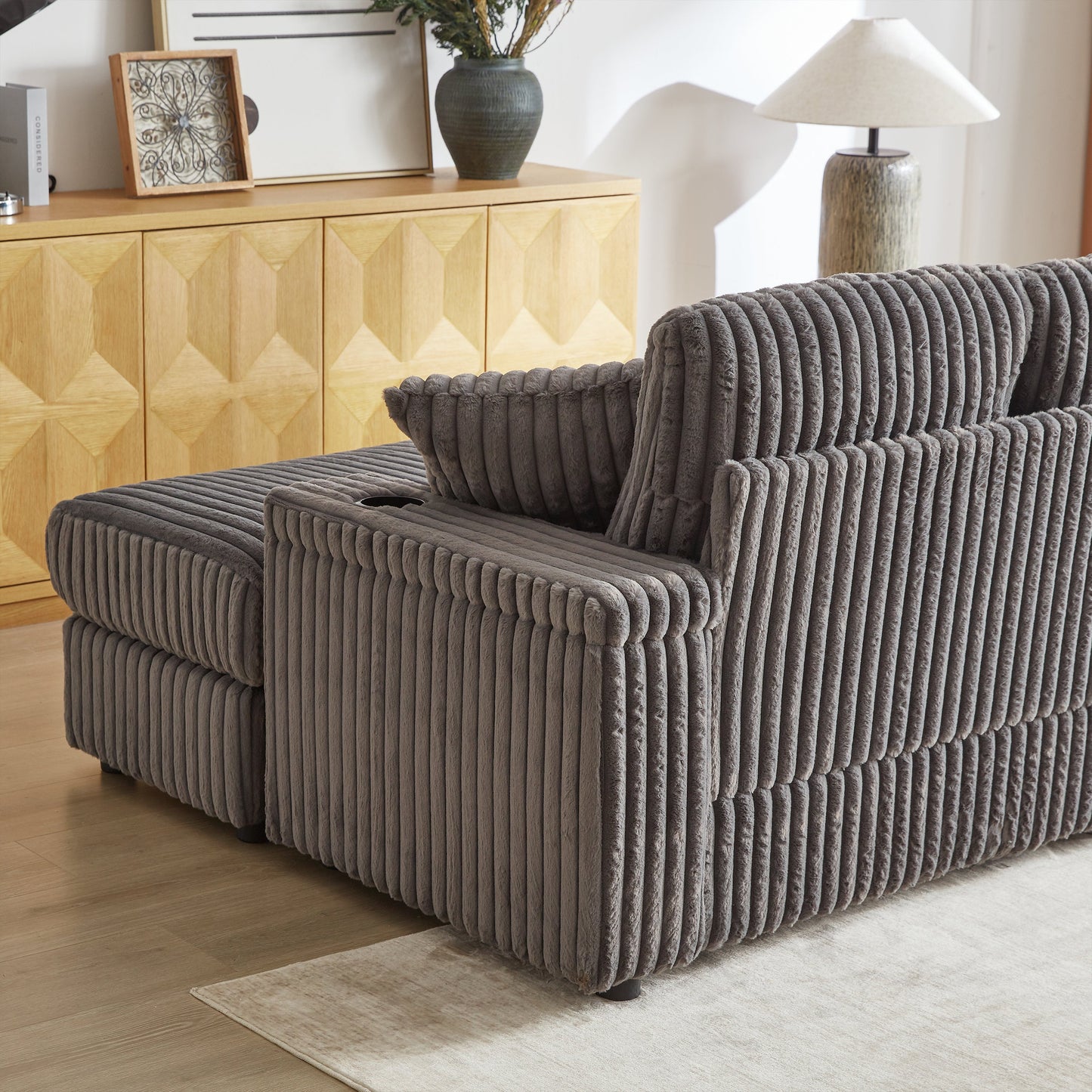84Inch Corduroy 3-Seater Sofa With 3 Back Pillows ,2 Toss Pillows , a Ottoman ,2storage Spaces and Cup-Holding Grooves