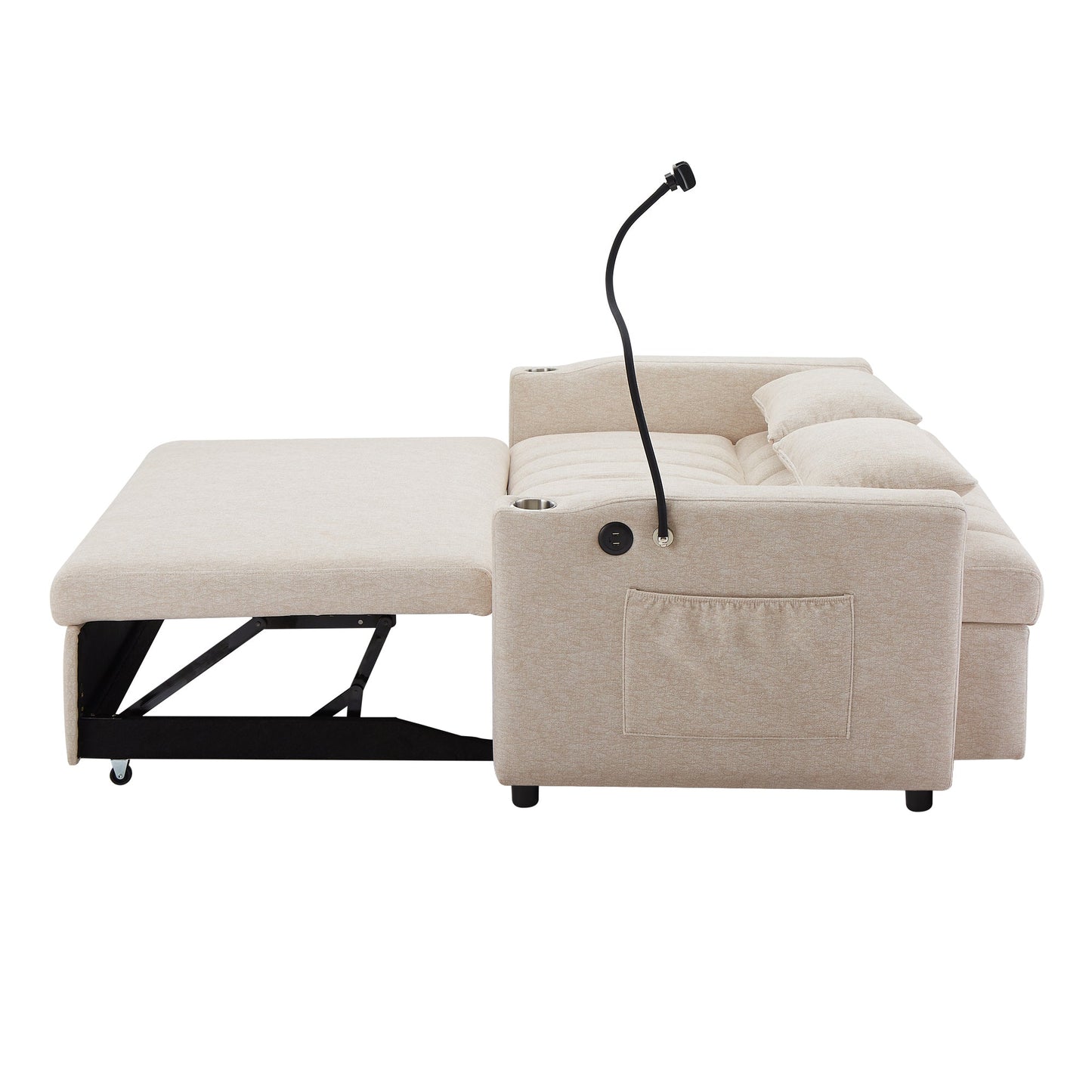 55.9" Convertible Sofa Bed Loveseat Sofa With Three USB Ports, Two Side Pockets, Two Cup Holders