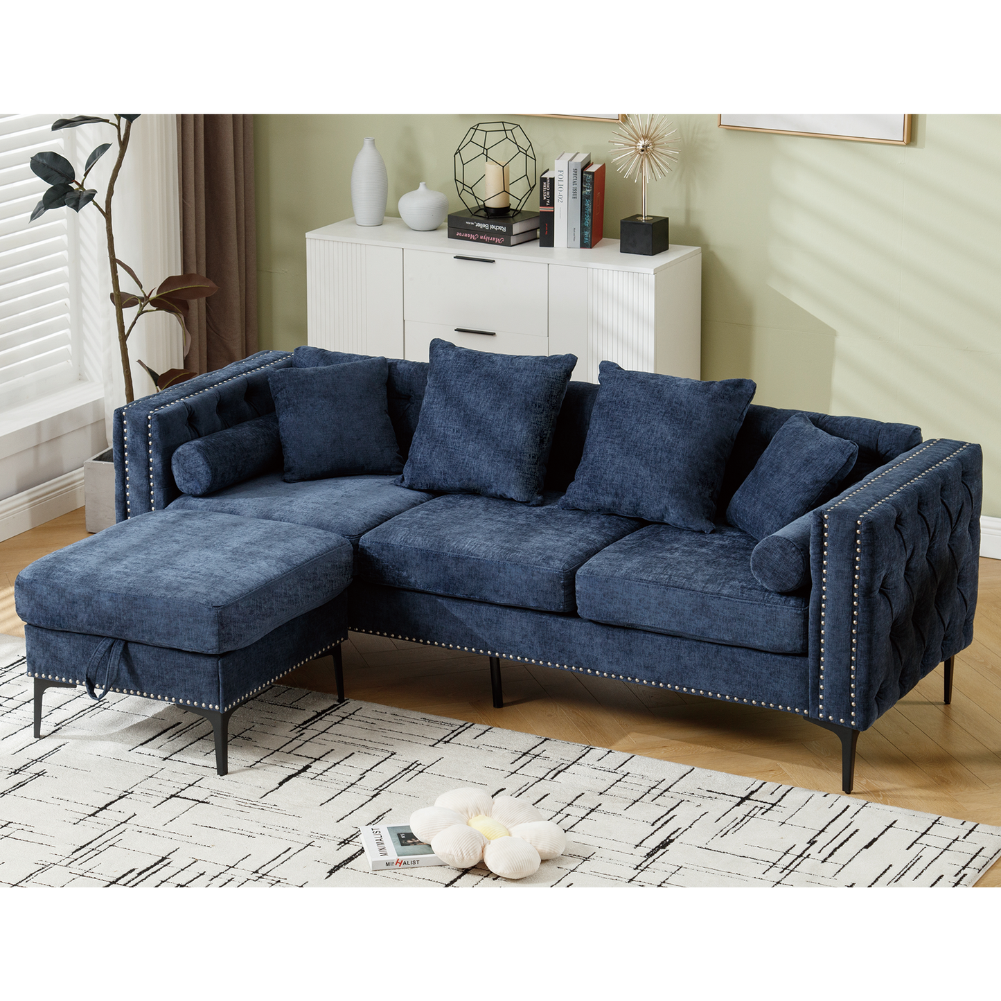 L Shaped Sectional Sofa , Convertible Storage Ottoman,Chenille ,Square Arm, Modern Tufted Couch ,3 Seater