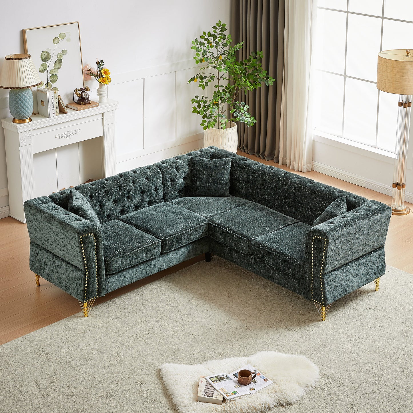 81.5-Inch Chenille Corner Sofa , L-Shaped Sectional Couch, 5-Seater Corner Sofas With 3 Cushions for Living Room, Bedroom