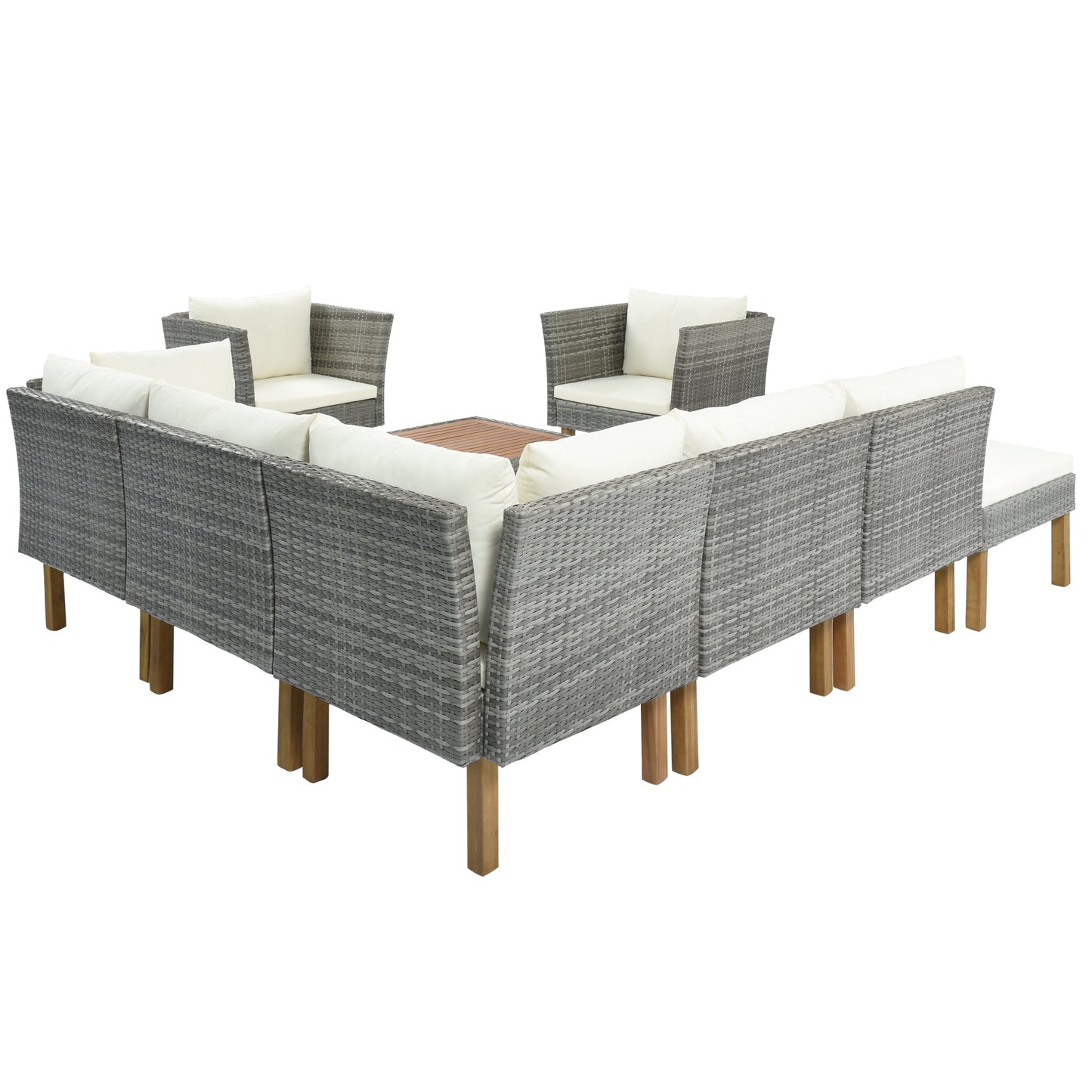 9-Piece Outdoor Patio Garden Wicker Sofa Set, Gray PE Rattan Sofa Set, With Wood Legs, Acacia Wood Tabletop
