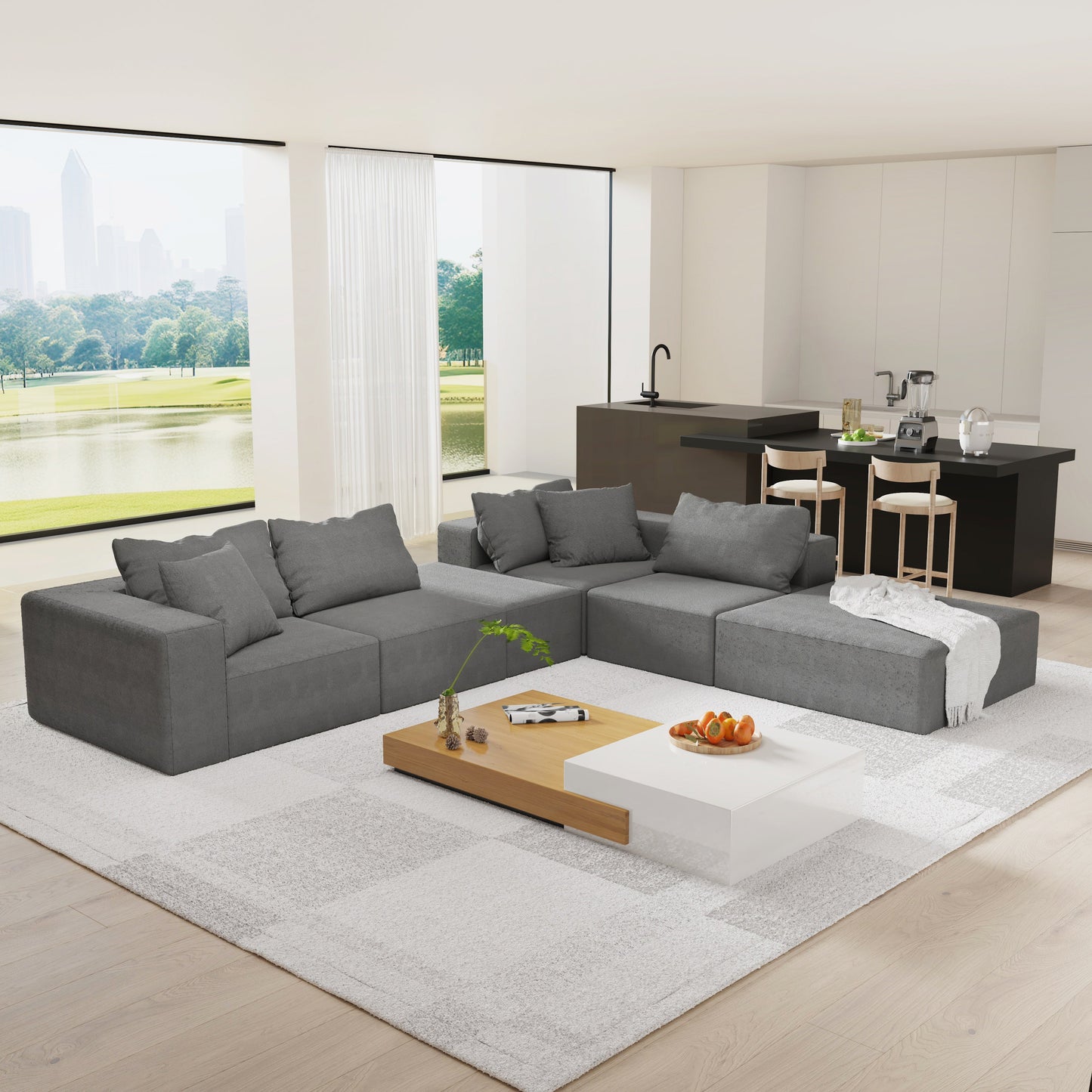 Modern Upholstered Sectional Sofa Couch Set,Modular 132" L Shaped Sectional Living Room Sofa Set With 6 Pillows,Free Com