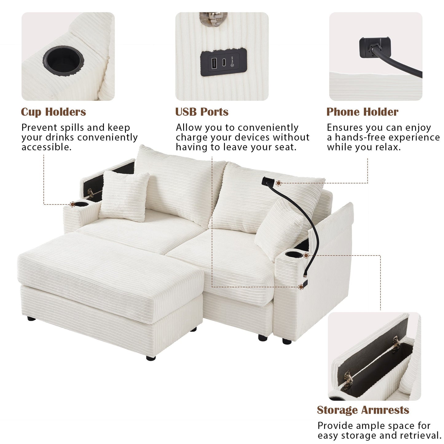 72.8" Modern Style Loveseat Sofa Sectional Sofa Couch With Storage Space, a Movable Ottoman, Two USB Ports, Two Cup Hold