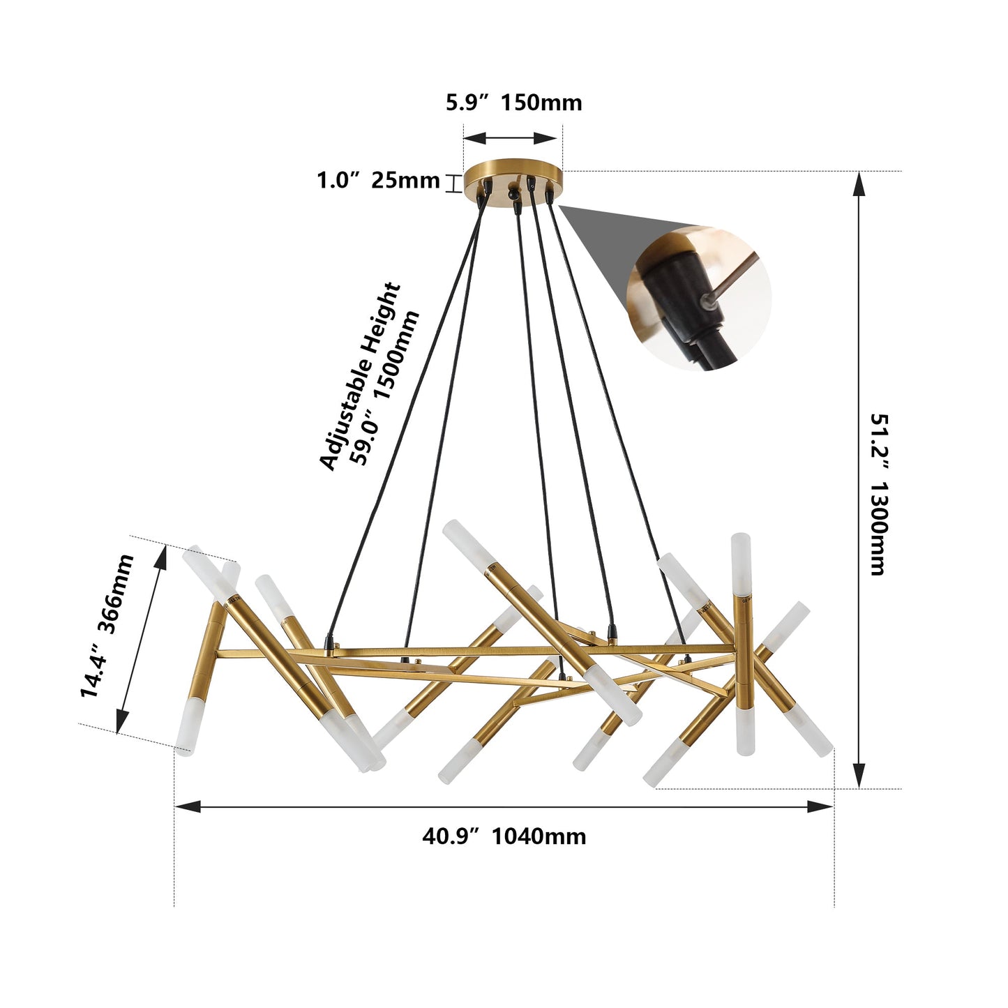 Golden Modern Chandelier Light Fixture, Branch Design With Frosted Tubes, Black Cords, Adjustable Height Pendant Light